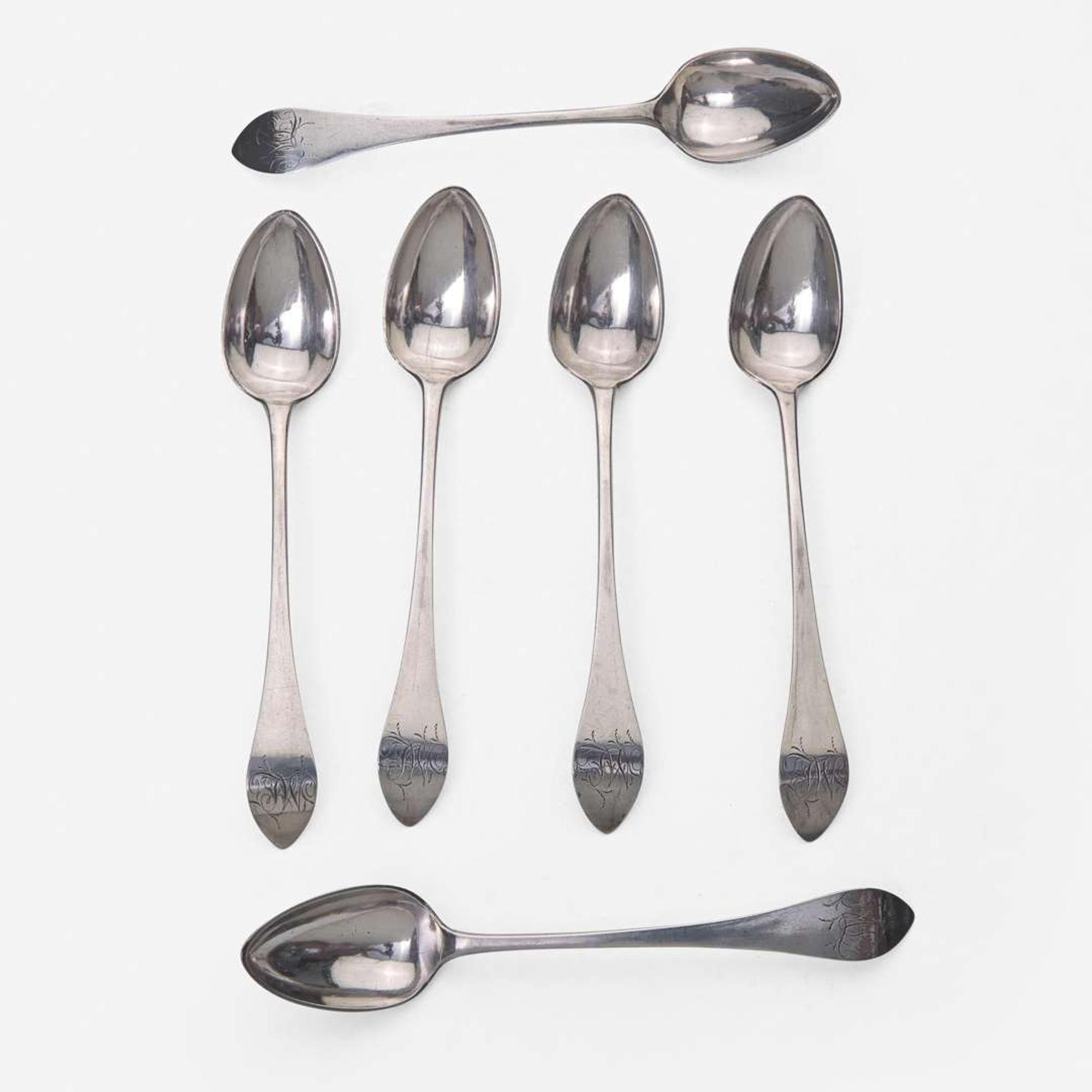 A large collection of twenty-five bird-back and fancy-back teaspoons Various makers, Lancaster, Reading, Philadelphia, PA, and Burlington, NJ, circa 1780-1820