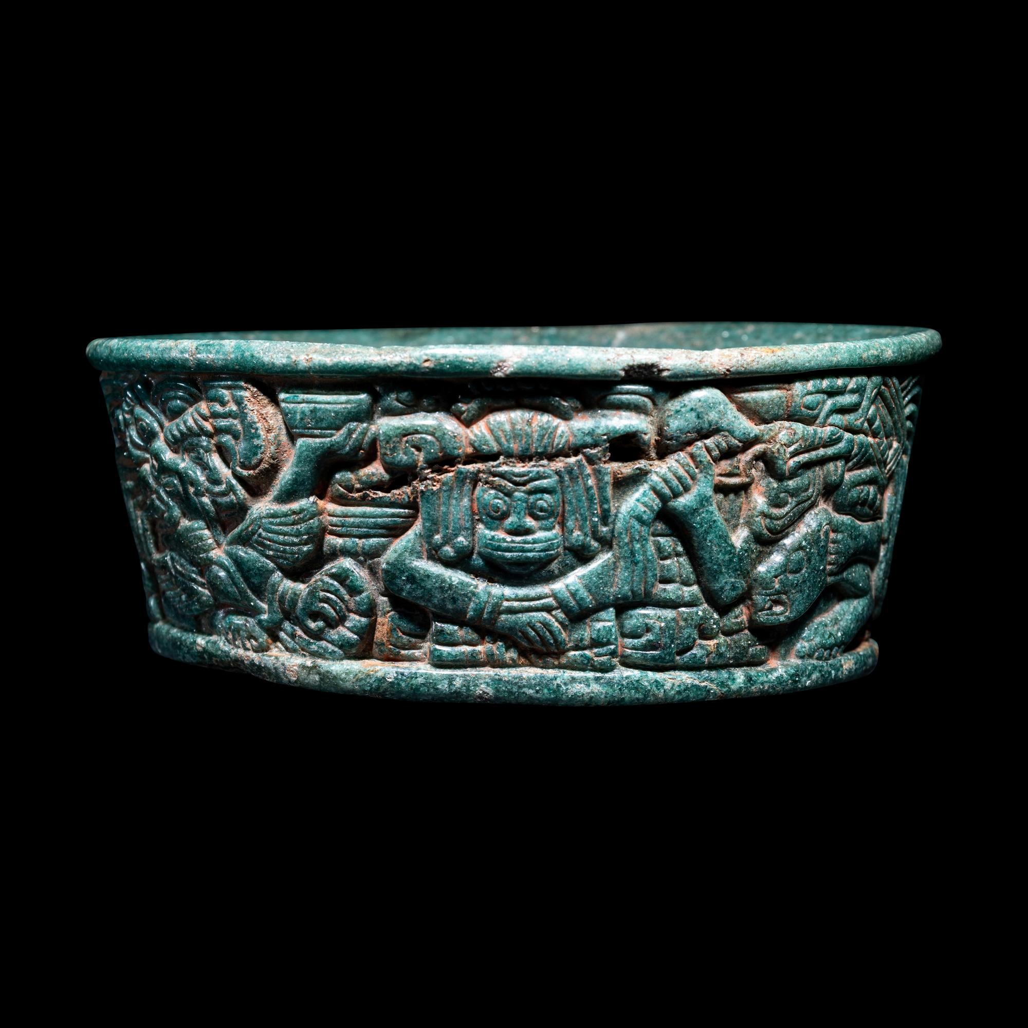 A Maya Green Fuchsite Bowl with Intricate Figures