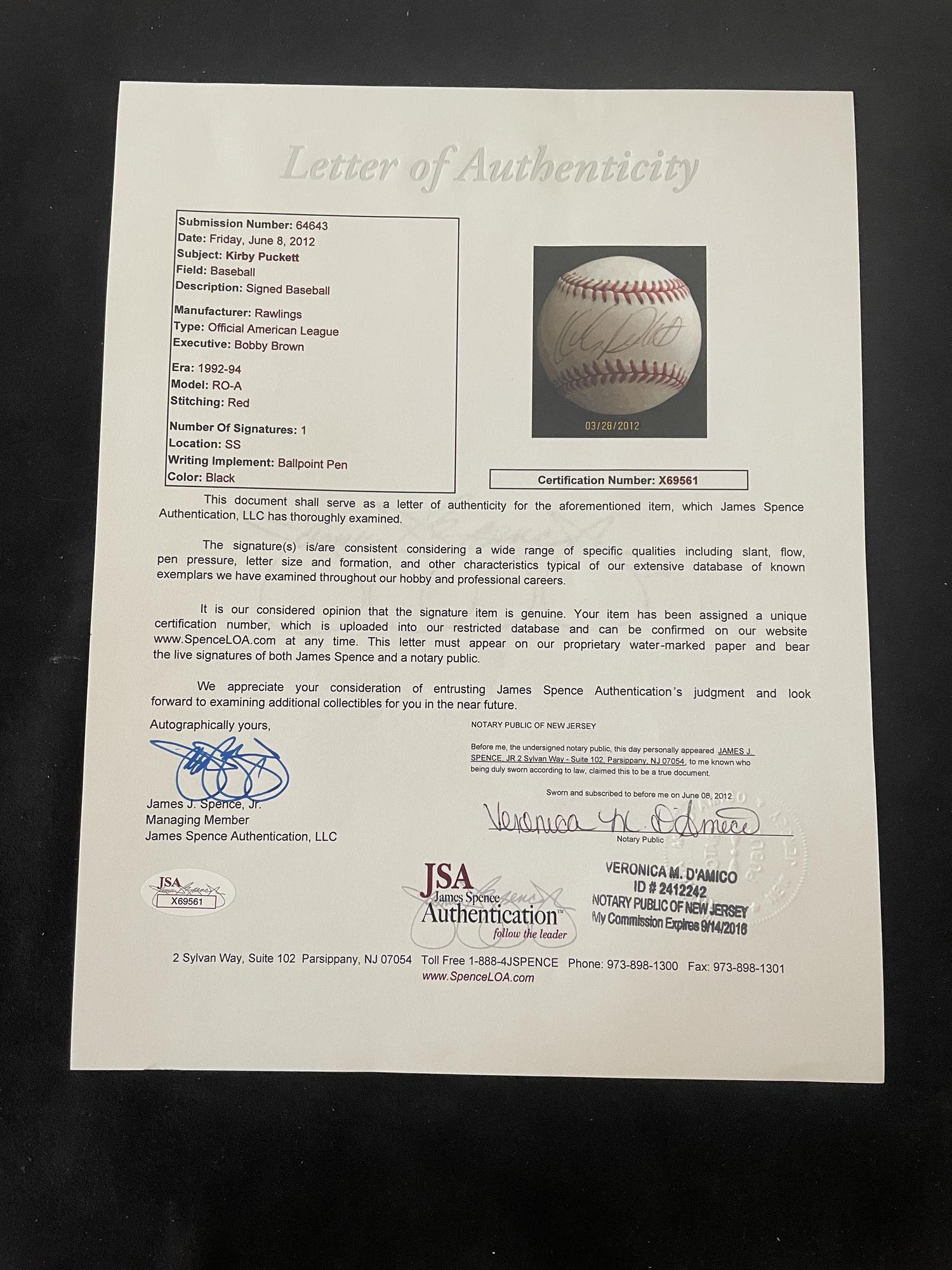 A Kirby Puckett Single Signed Autograph Baseball (JSA Letter)