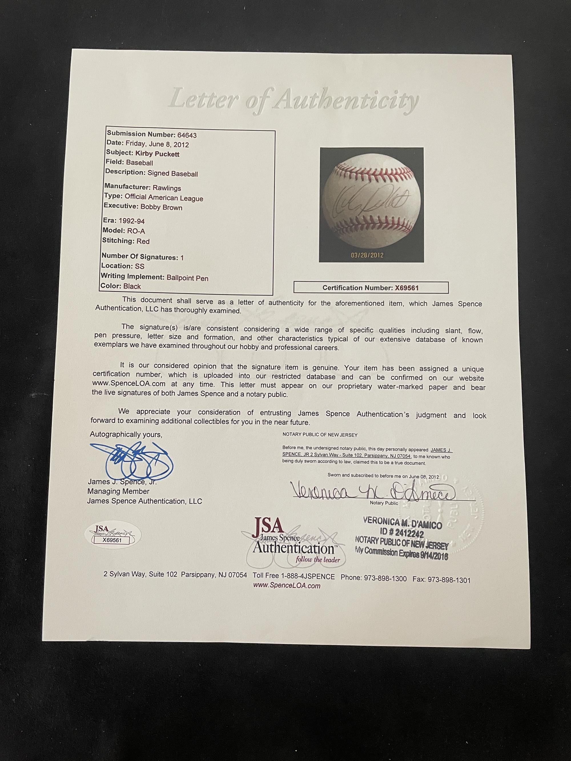 A Kirby Puckett Single Signed Autograph Baseball (JSA Letter)