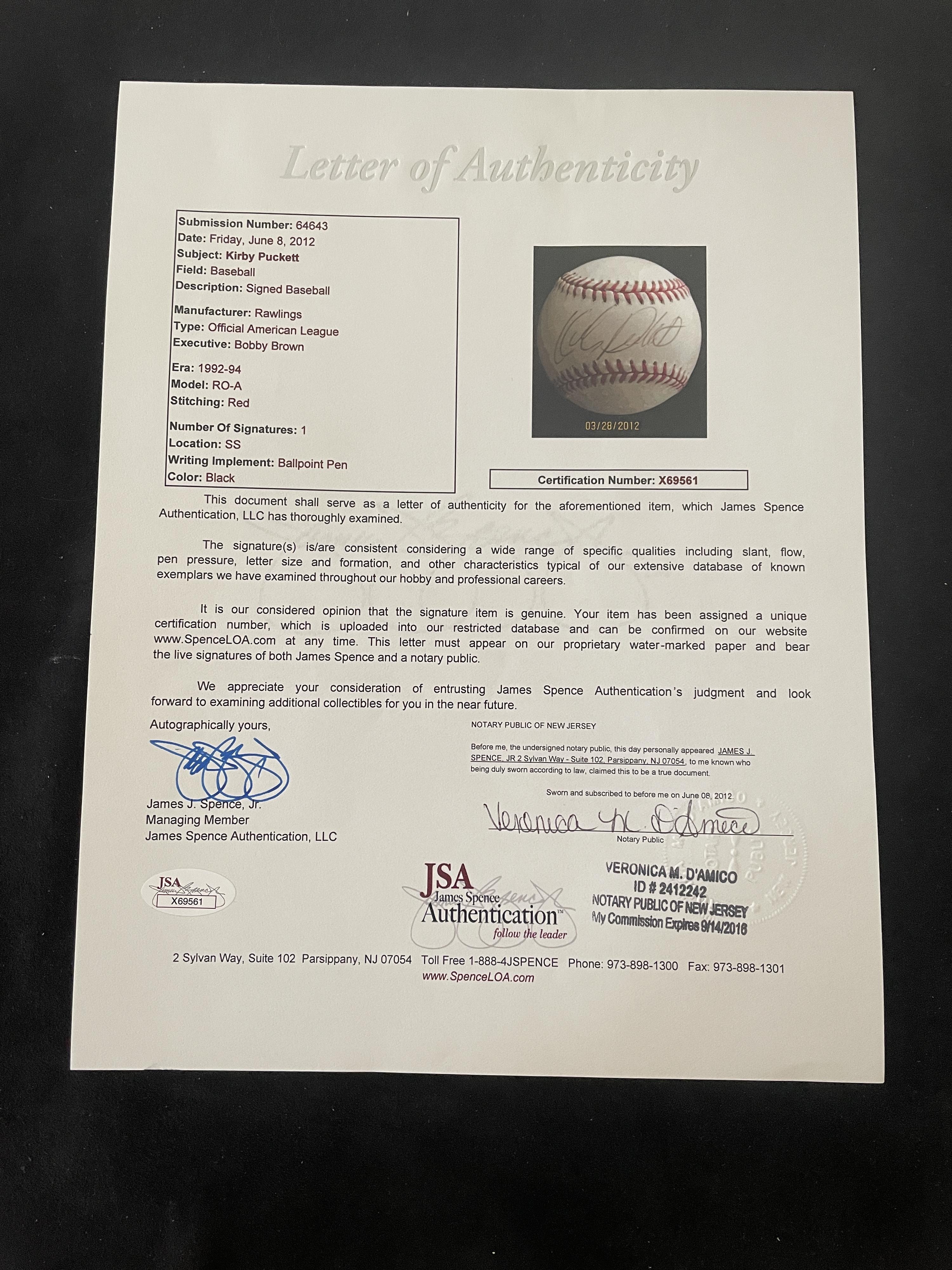 A Kirby Puckett Single Signed Autograph Baseball (JSA Letter)