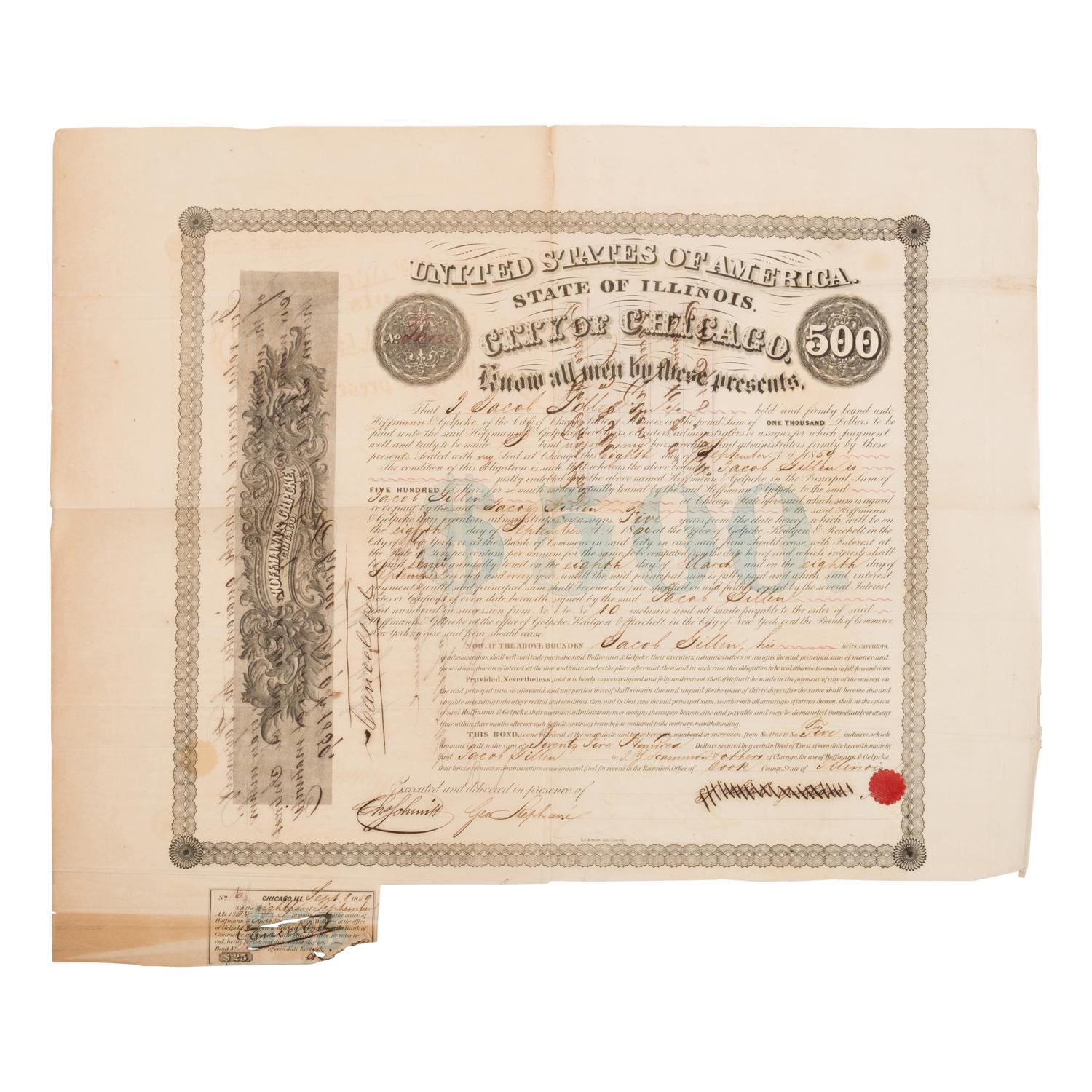 [Chicago Fire]. A large archive of letters, documents, tokens, and ephemera related to the Great Fire.