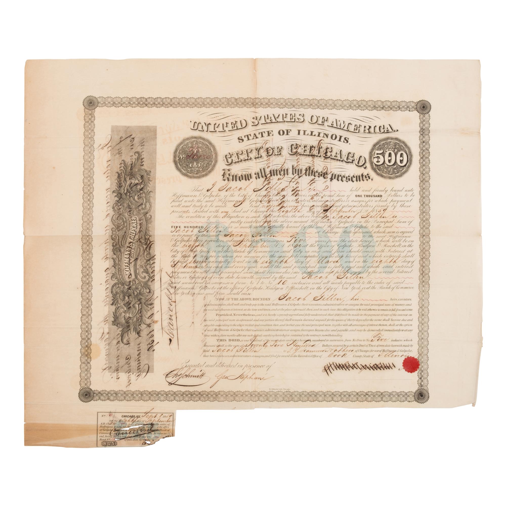 [Chicago Fire]. A large archive of letters, documents, tokens, and ephemera related to the Great Fire.