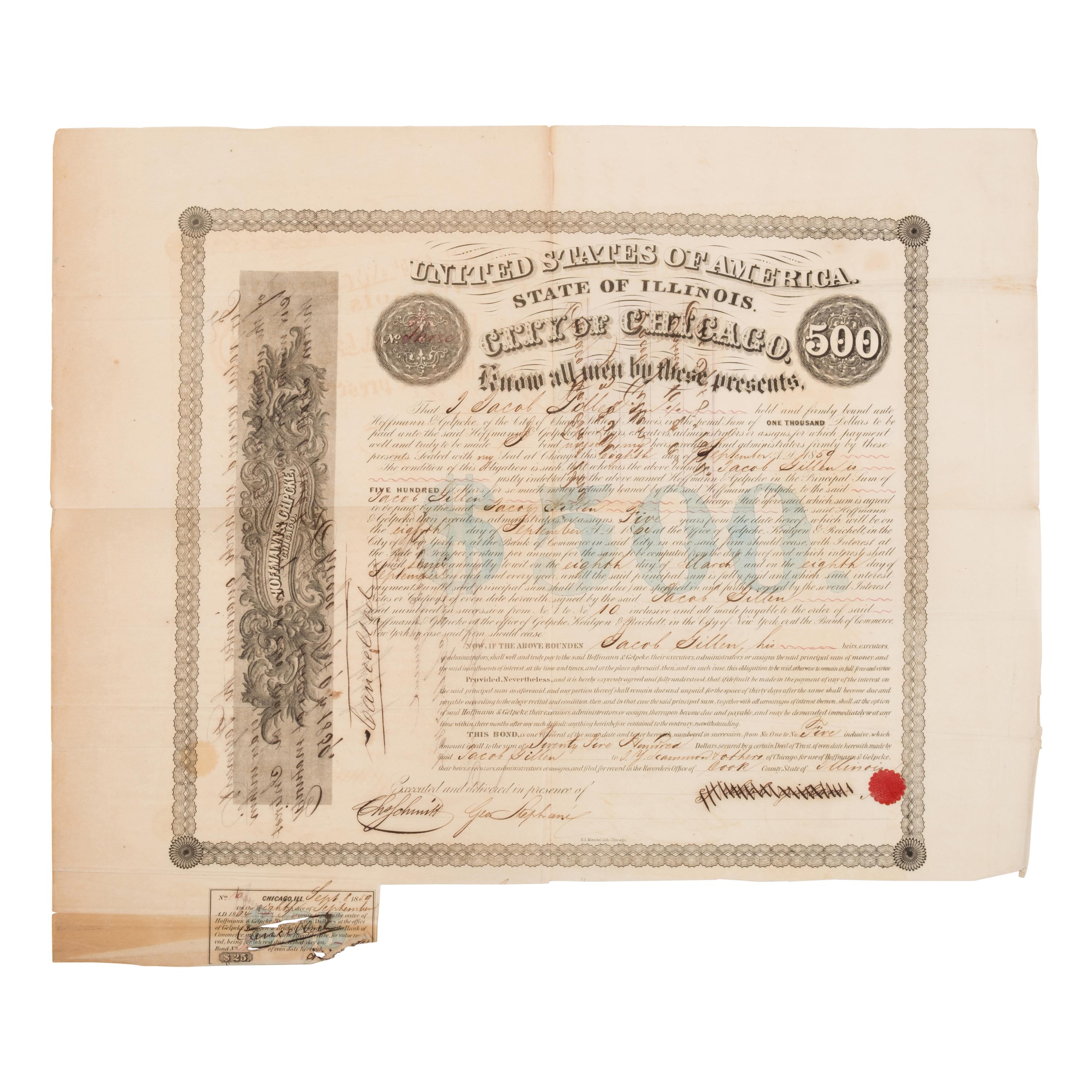 [Chicago Fire]. A large archive of letters, documents, tokens, and ephemera related to the Great Fire.