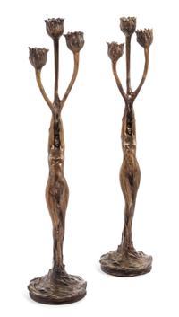 After Firmin Bate, FRANCE, 20TH CENTURY, a pair of Art Nouveau three-light candelabra