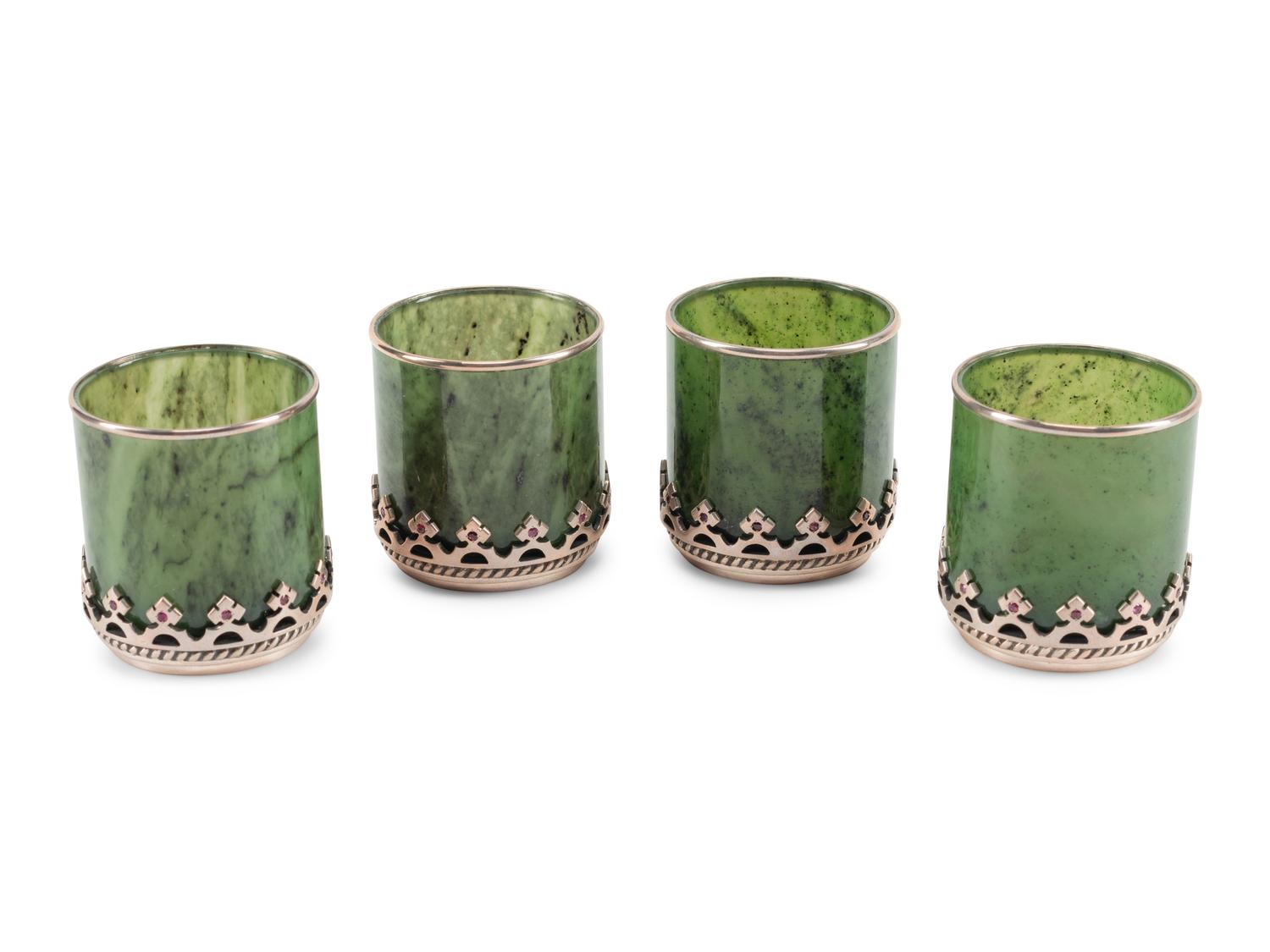 A Set of Four Silver and Ruby Mounted Spinach Jade Cups