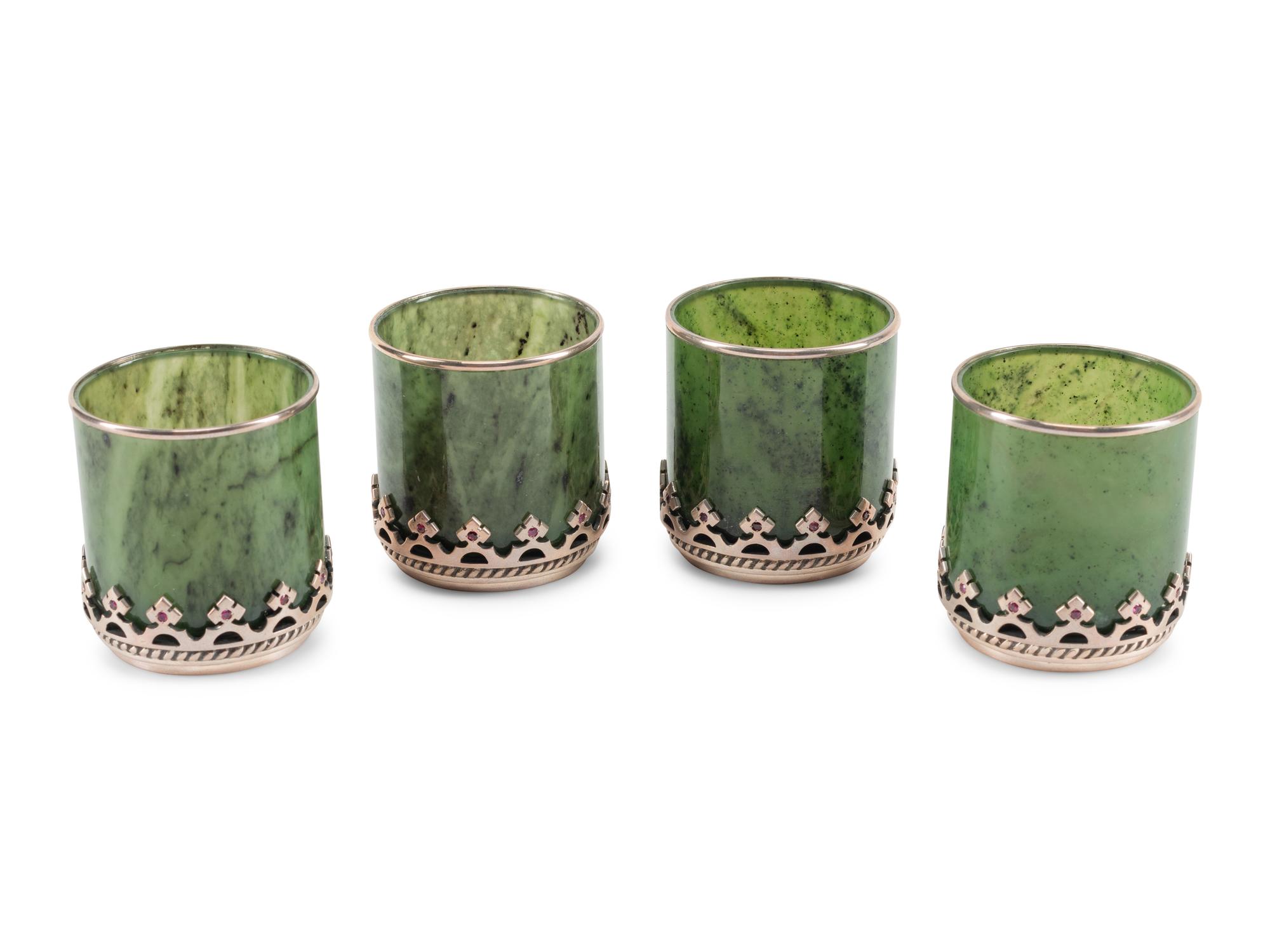A Set of Four Silver and Ruby Mounted Spinach Jade Cups