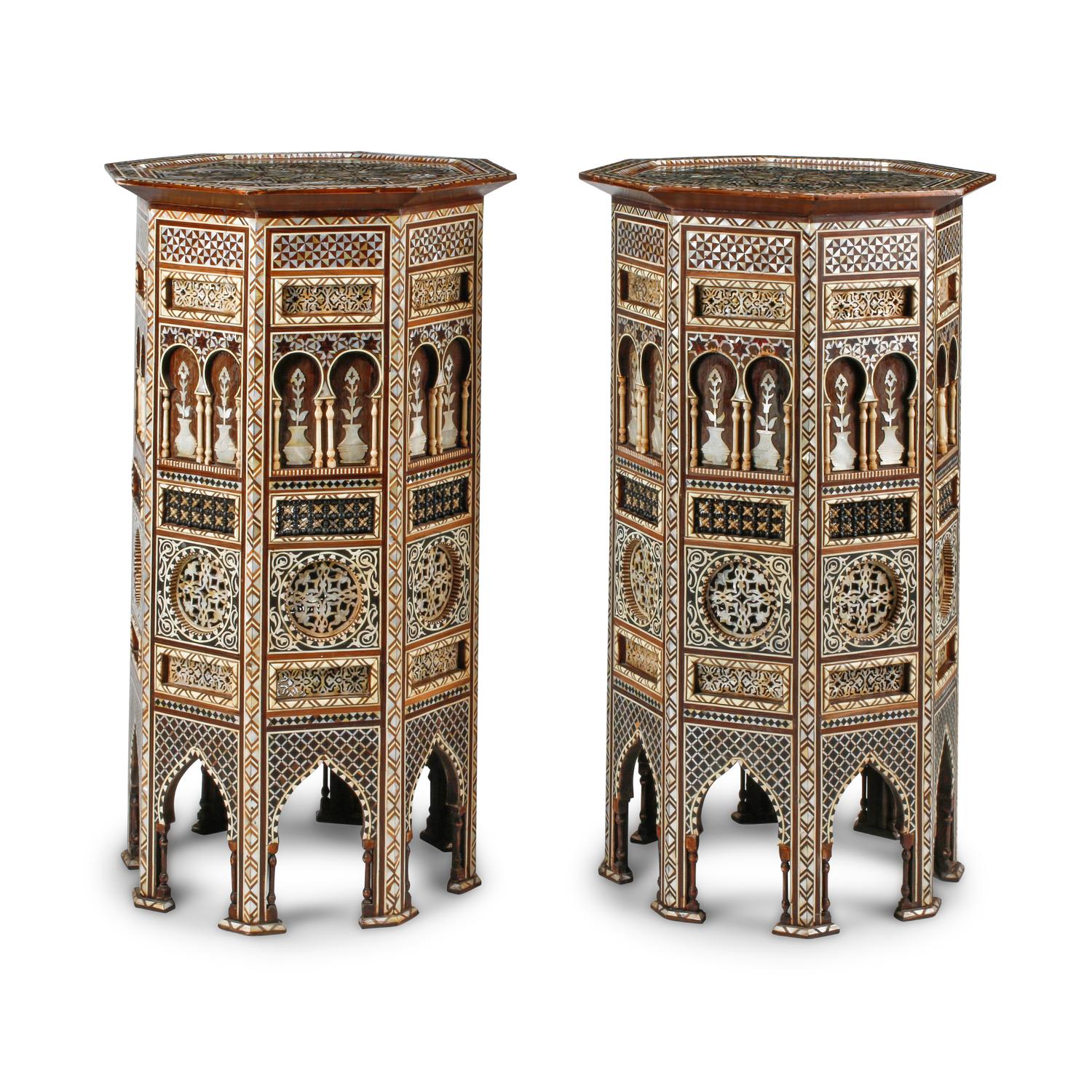 A Pair of Large Moorish Style Marquetry and Mother-of-Pearl Inlaid Side Tables