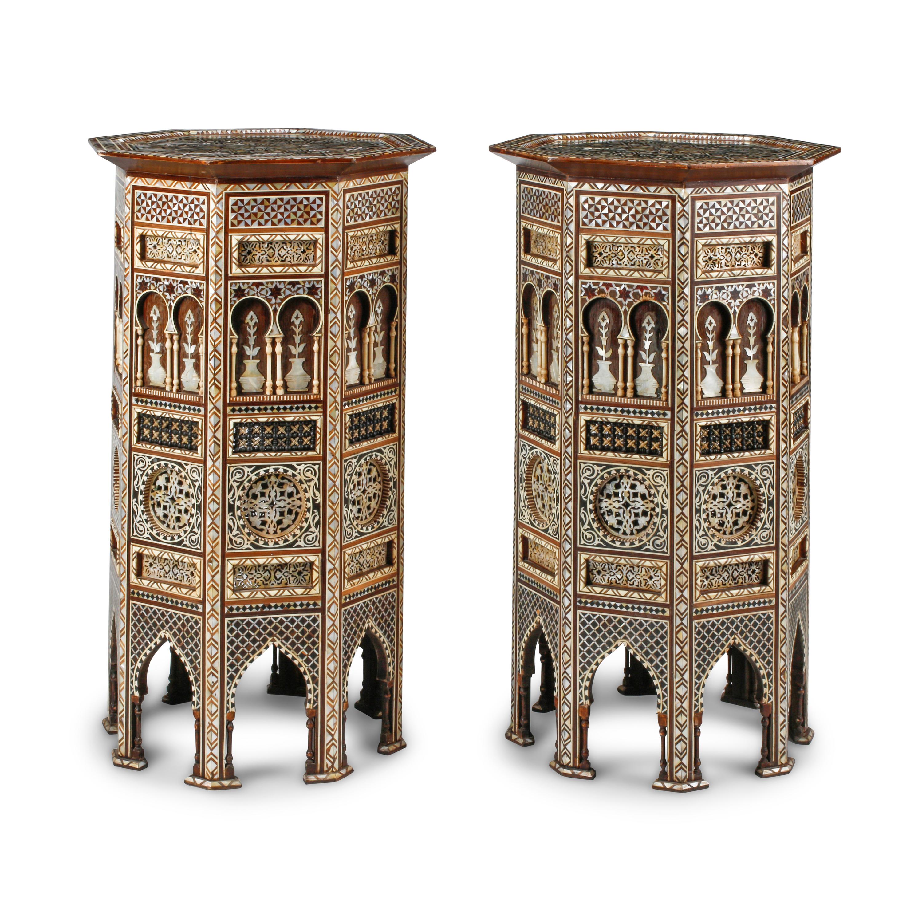 A Pair of Large Moorish Style Marquetry and Mother-of-Pearl Inlaid Side Tables