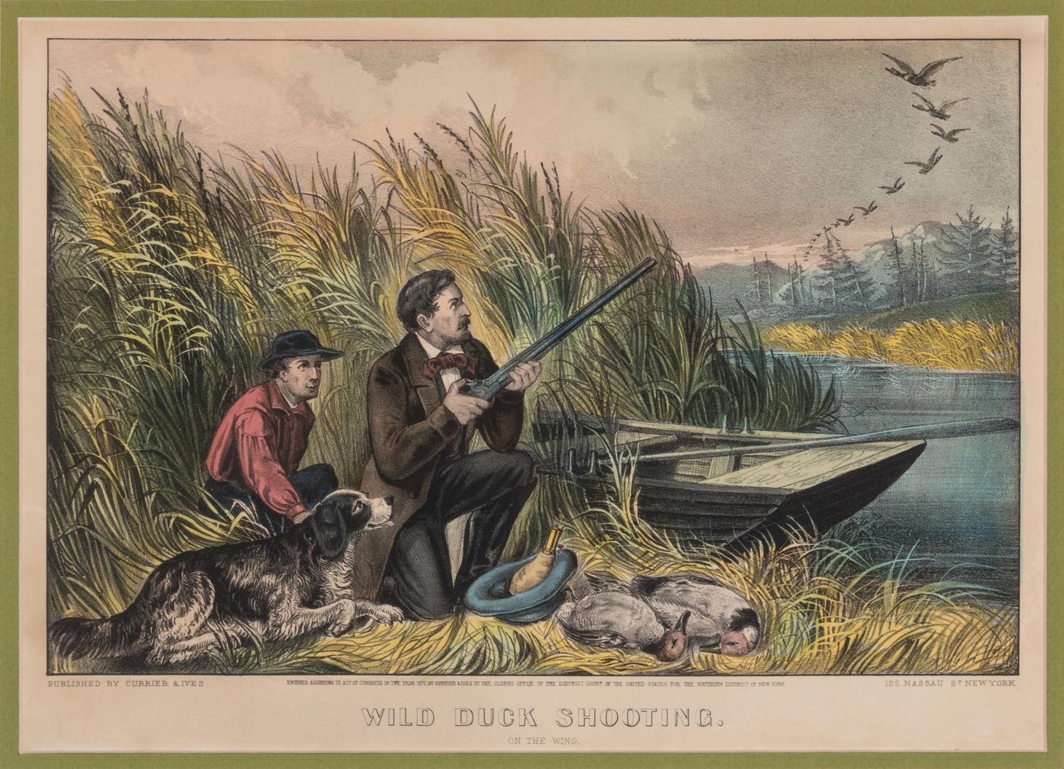 [HUNTING & SPORTING SCENES] -- CURRIER and IVES, publishers Deer Shooting. In the Northern Woods, n.d. (G.1672). -- And another copy. -- Partridge Shooting, No. 174, 1855. (G.5113). -- Partridge Shooting, 1870.(G. 5115). -- Wild Duck Shooting. On the Wing, 1870. (G.7213). -- The Rubber. "Put to His Trumps," n.d. (G.5687).