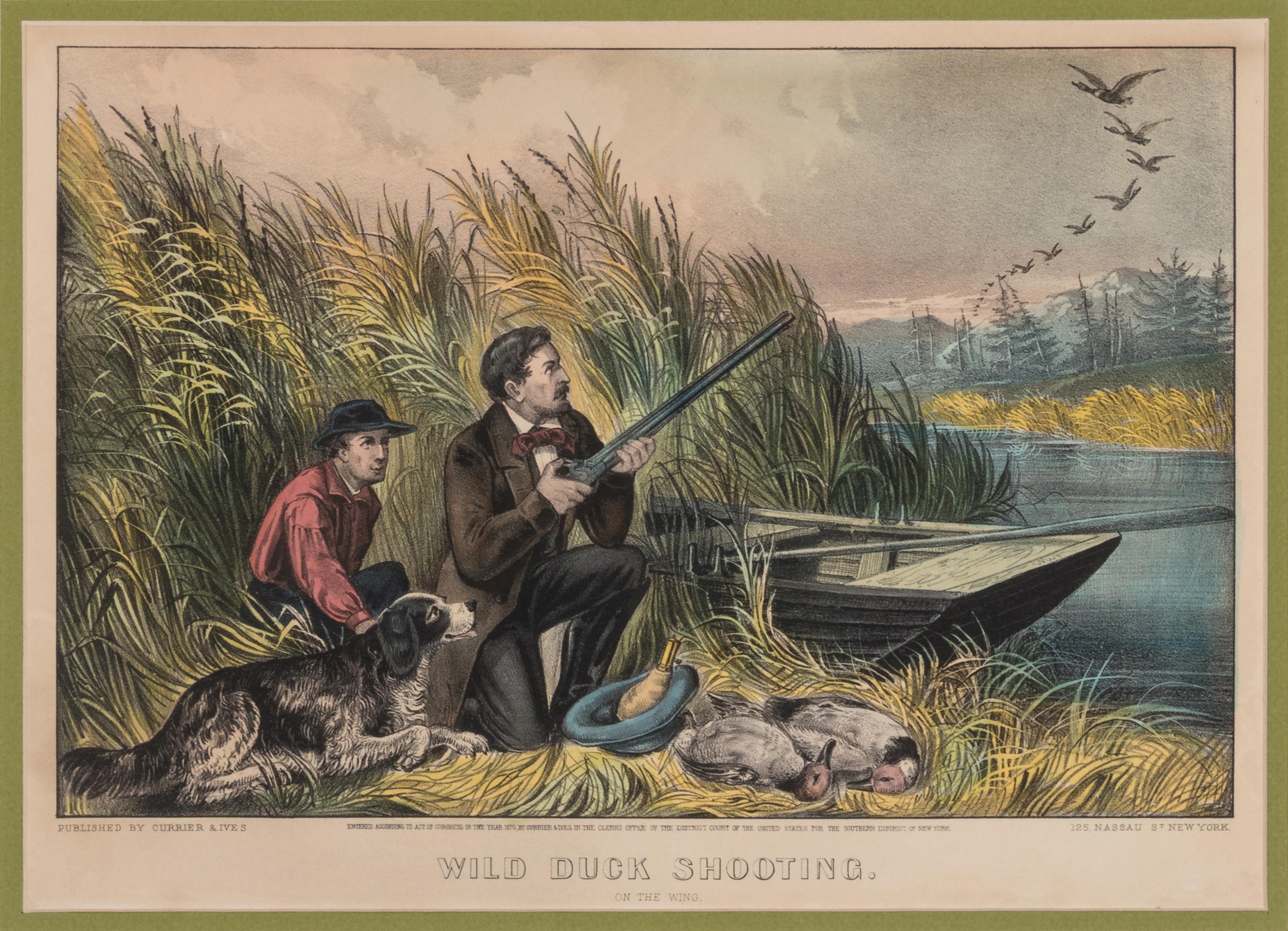 [HUNTING & SPORTING SCENES] -- CURRIER and IVES, publishers Deer Shooting. In the Northern Woods, n.d. (G.1672). -- And another copy. -- Partridge Shooting, No. 174, 1855. (G.5113). -- Partridge Shooting, 1870.(G. 5115). -- Wild Duck Shooting. On the Wing, 1870. (G.7213). -- The Rubber. "Put to His Trumps," n.d. (G.5687).