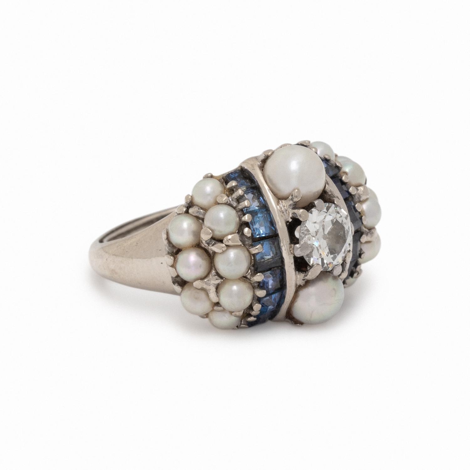 DIAMOND, SAPPHIRE, AND CULTURED PEARL RING