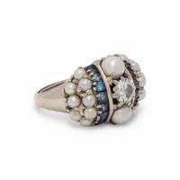 DIAMOND, SAPPHIRE, AND CULTURED PEARL RING