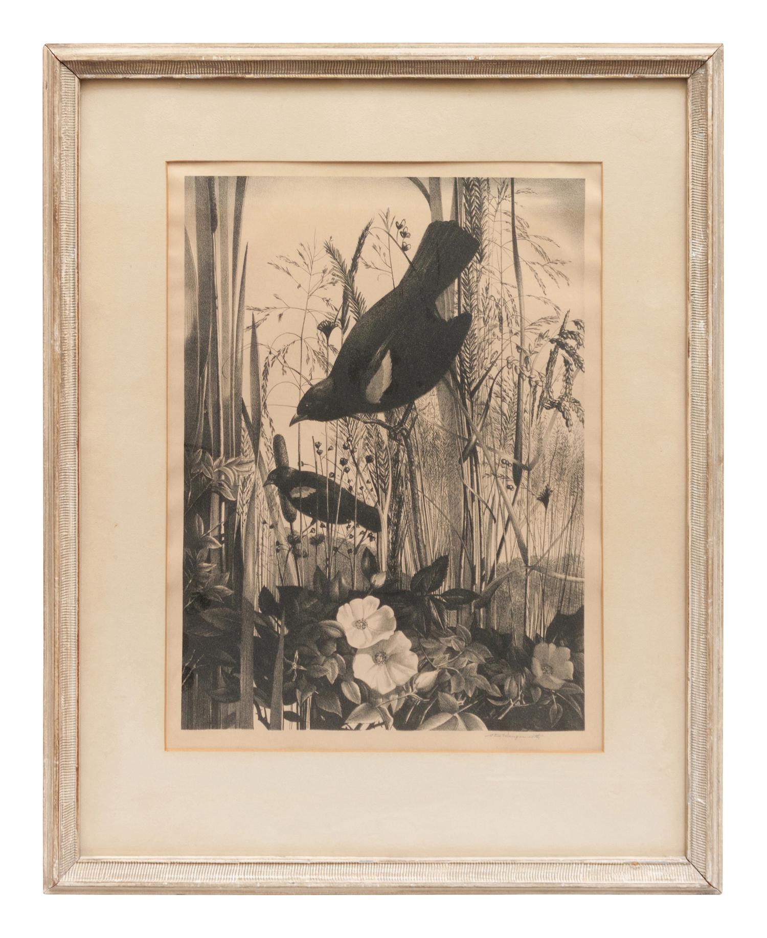 A group of five prints ( Memory , 1971; Four Chickadees , 1956; Little Friends , 1972; Red-Winged Black Birds , 1946; The Matriarch, Owl )