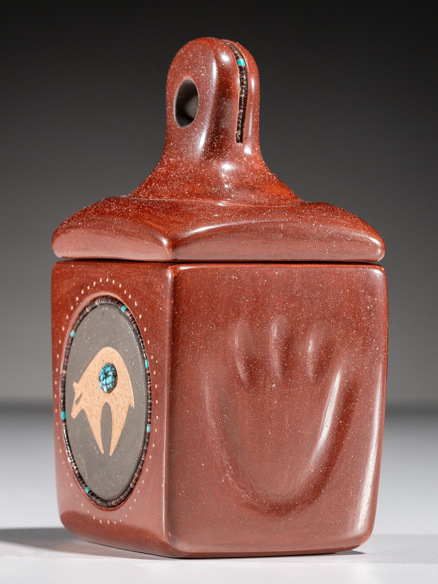 Micaceous Three-Toned Lidded Pottery Box, with Turquoise and Heishi