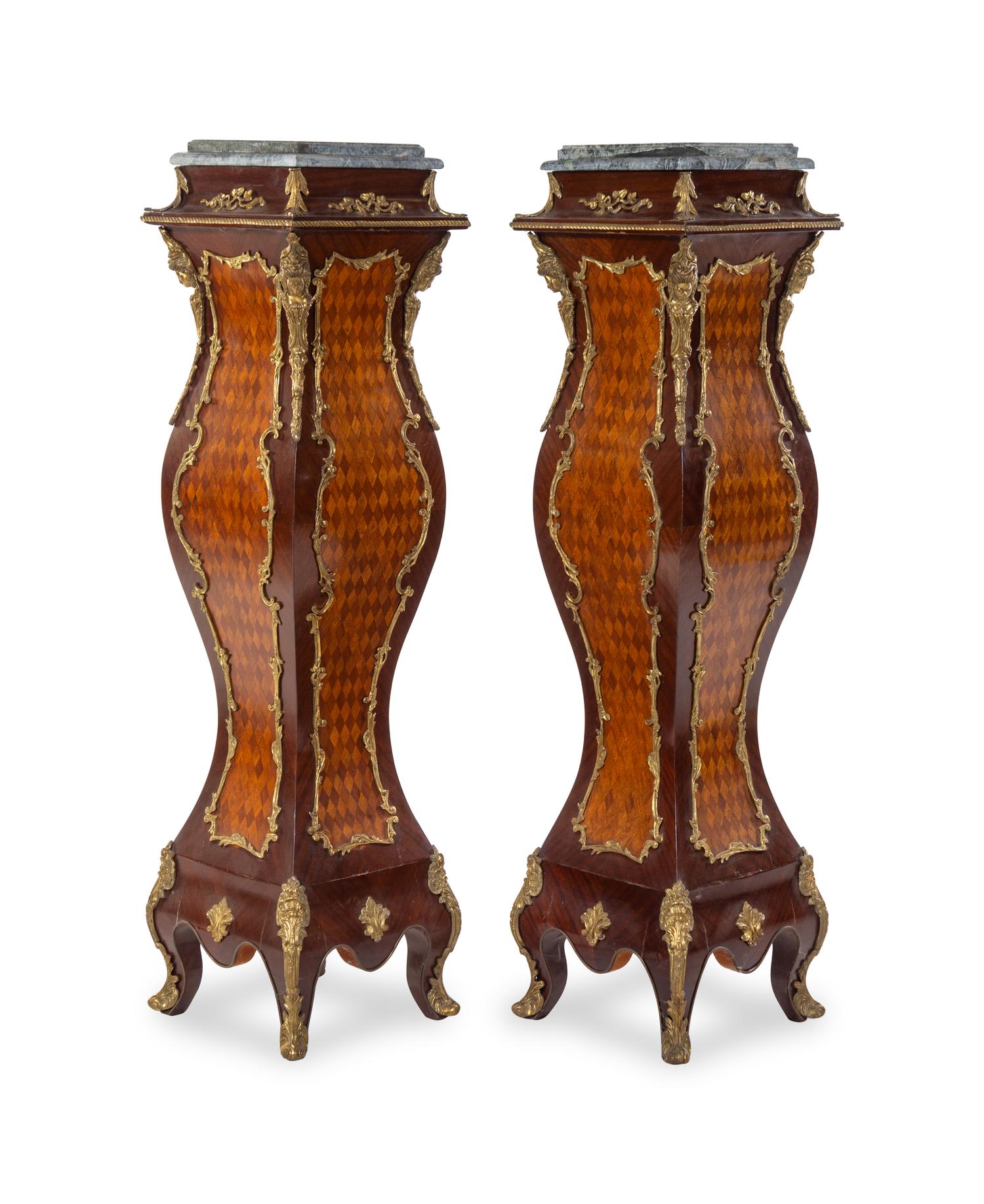 A Pair of Louis XV Style Gilt Metal Mounted Parquetry Pedestals