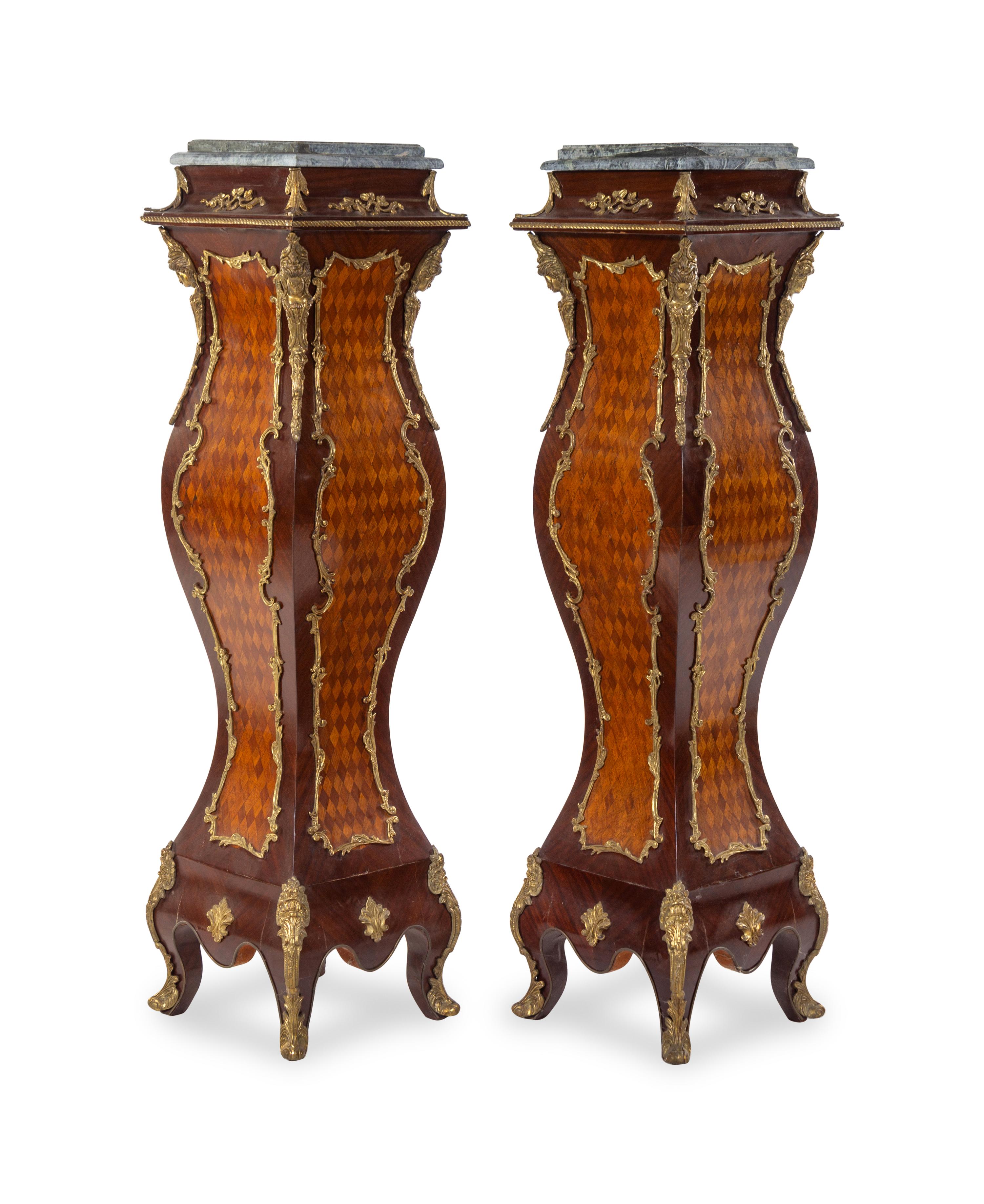 A Pair of Louis XV Style Gilt Metal Mounted Parquetry Pedestals