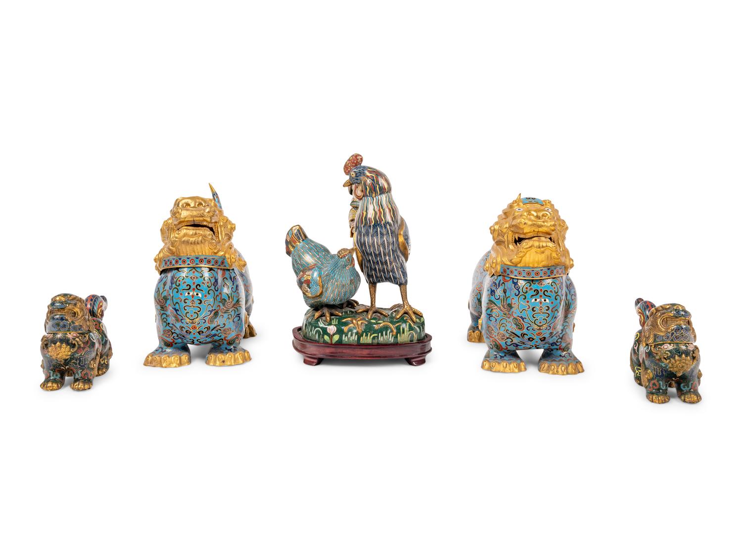 Five Chinese Turquoise Ground Cloisonné Enamel Figures of Animals