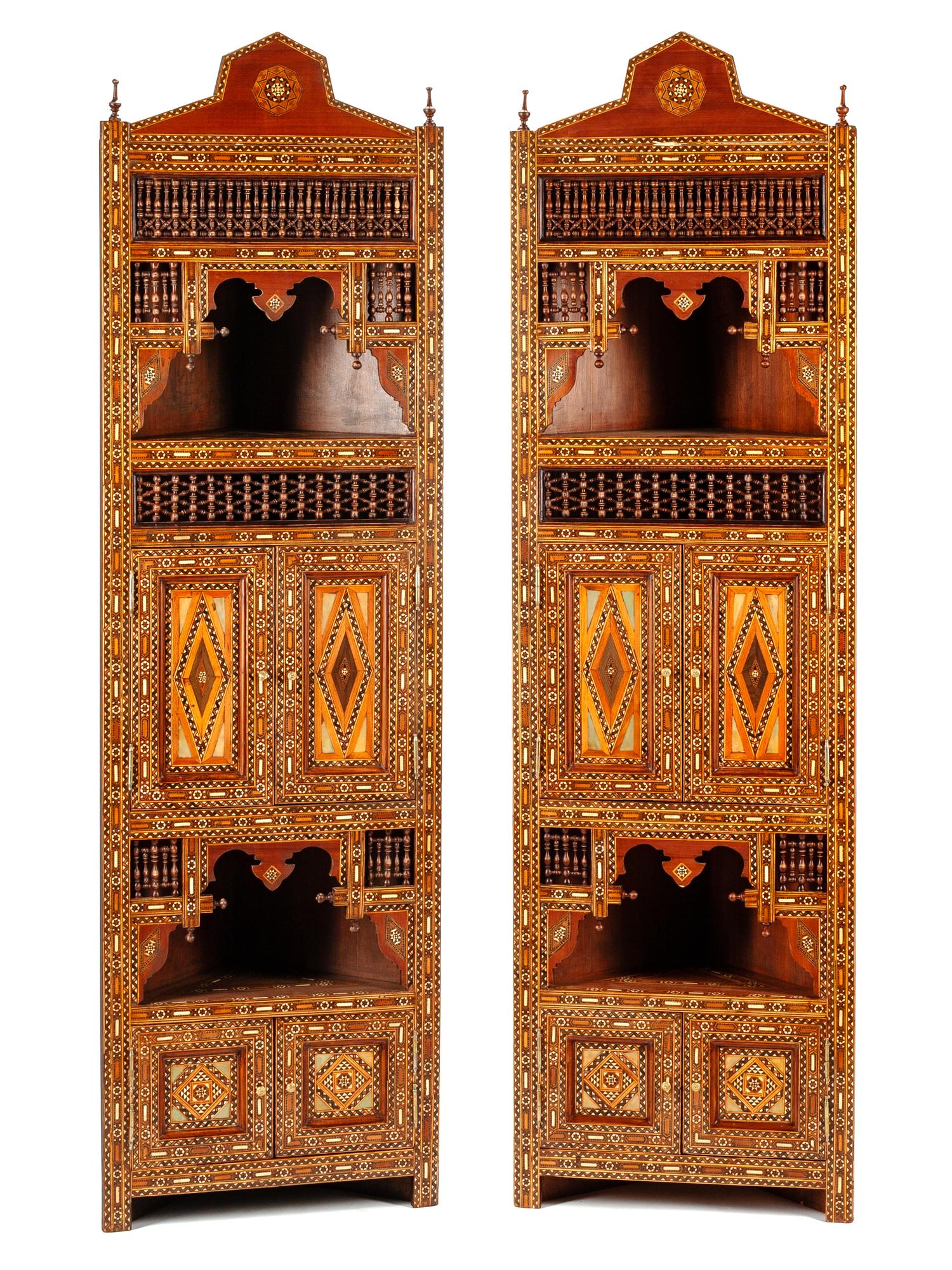 A Pair of Moorish Style Mother-of-Pearl Inlaid Corner Cabinets