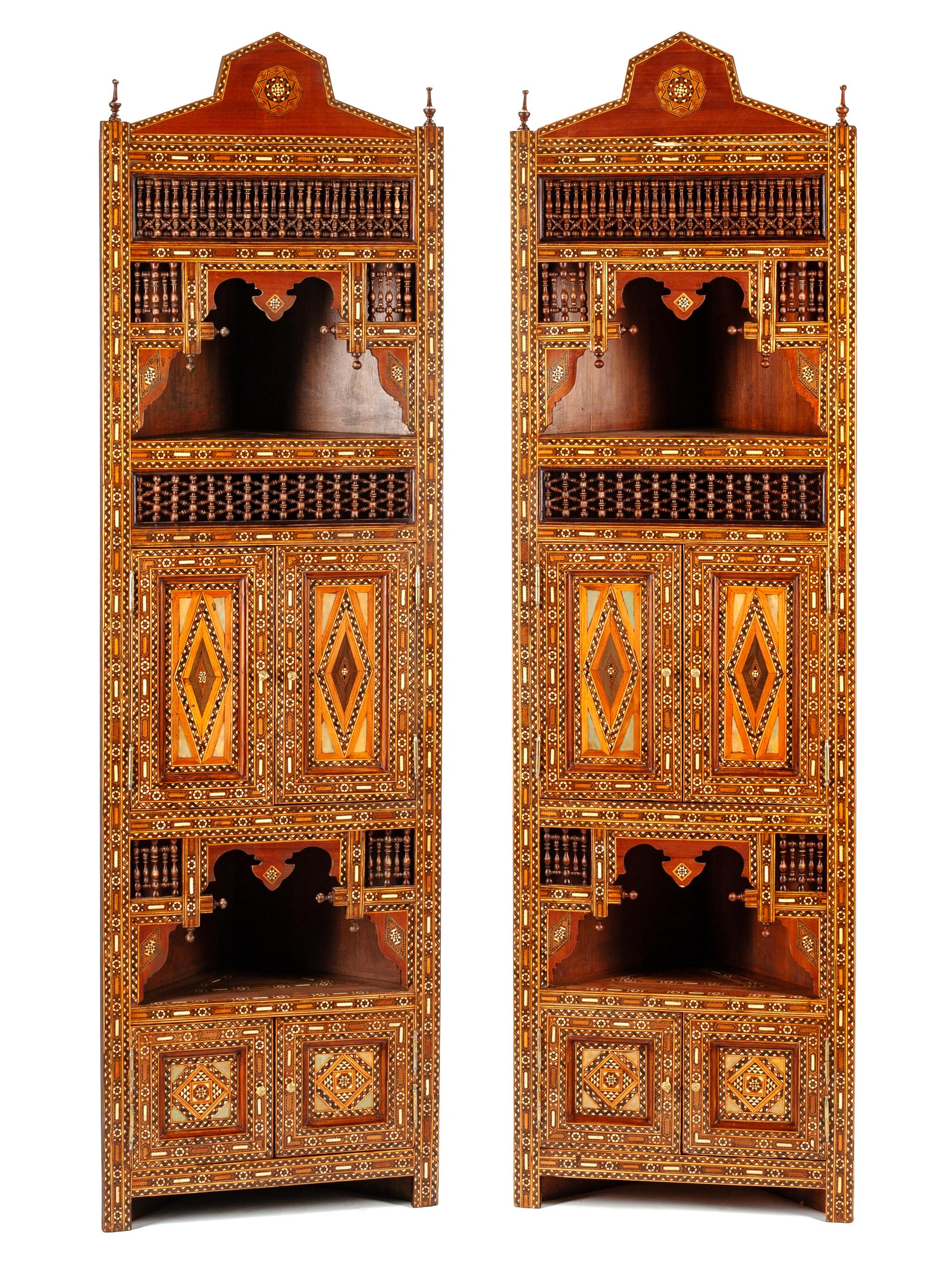A Pair of Moorish Style Mother-of-Pearl Inlaid Corner Cabinets