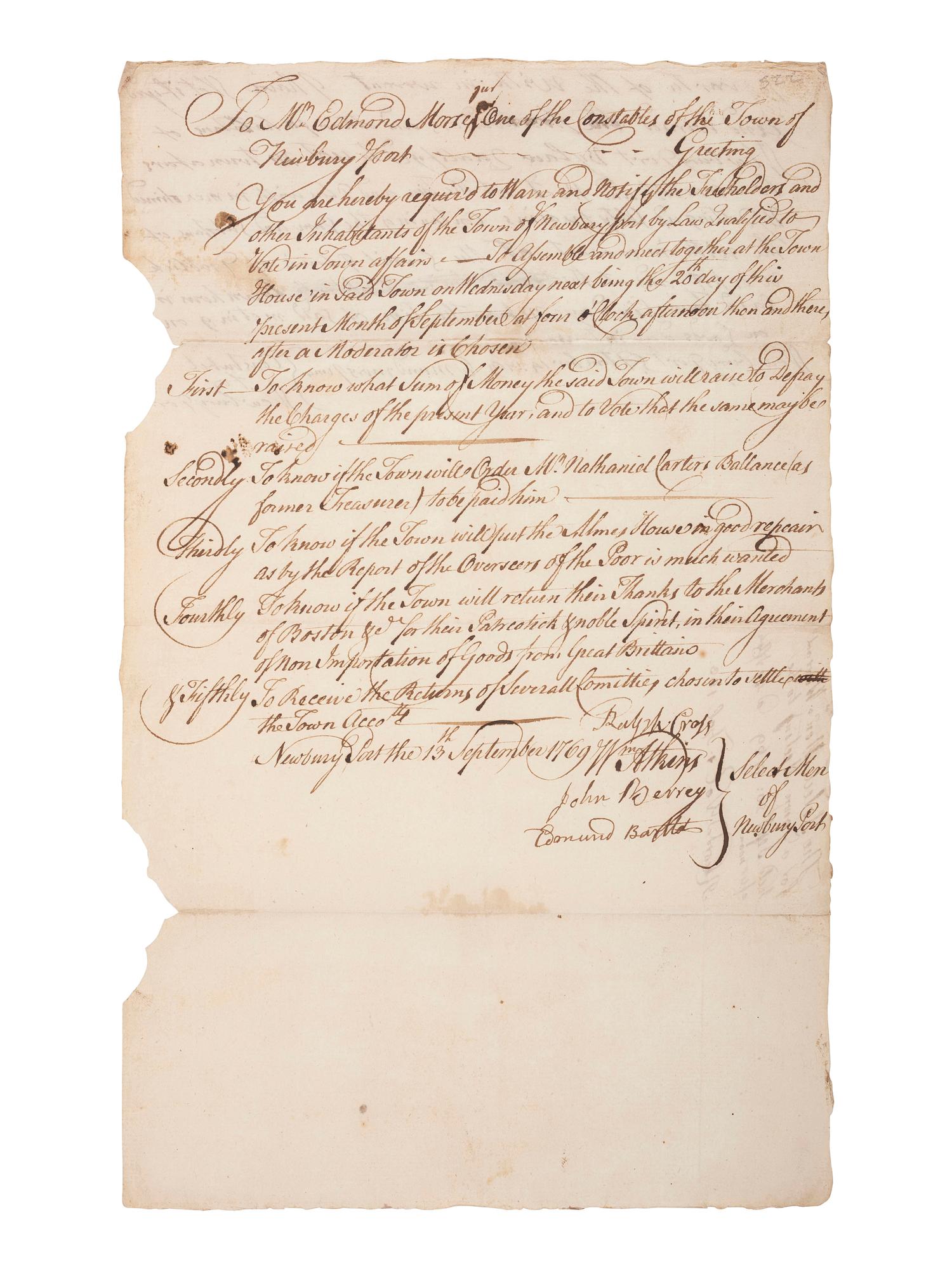 [TOWNSHEND ACT] -- [REVOLUTIONARY WAR]. Manuscript warrant for Town Meeting which includes a resolution related to the Boston Non-Importation agreement. Newburyport, Massachusetts, 13 September 1769.