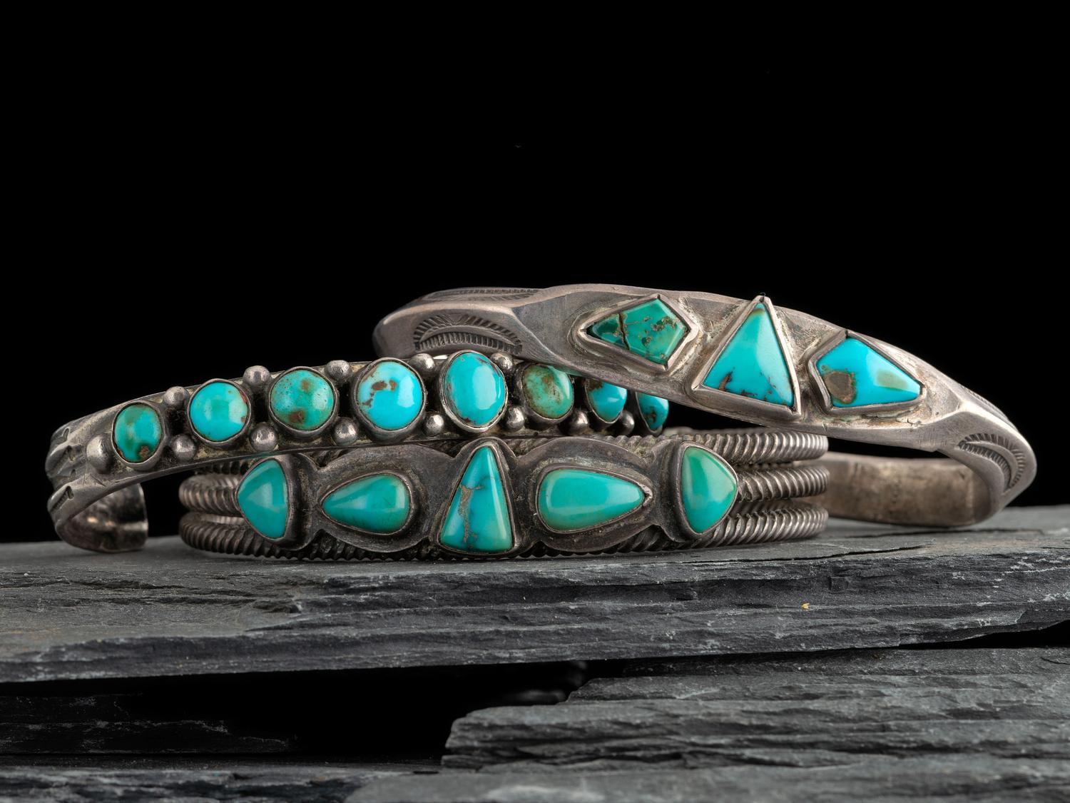 Navajo Slender Ingot and Turquoise Cuff Bracelets