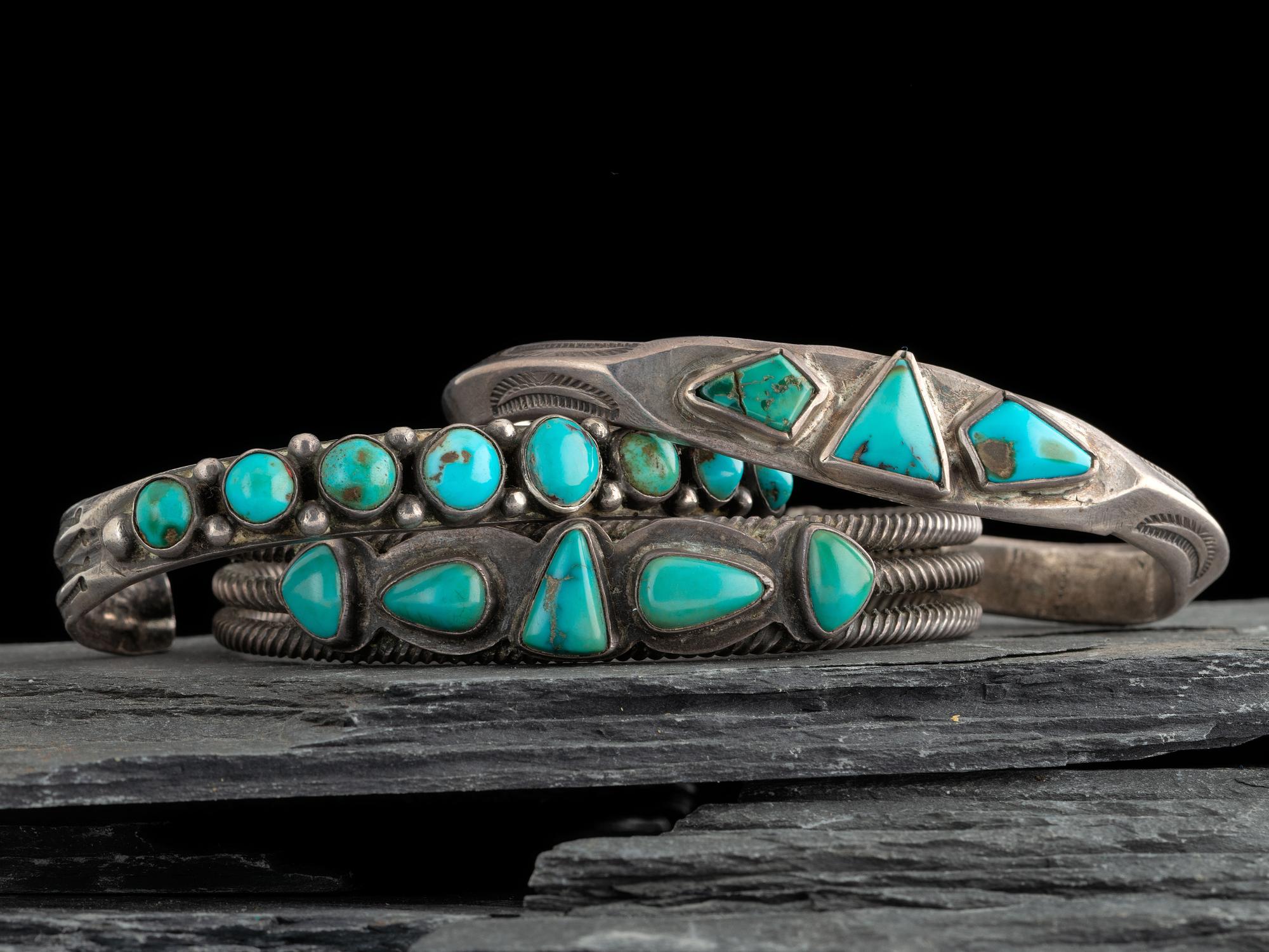 Navajo Slender Ingot and Turquoise Cuff Bracelets