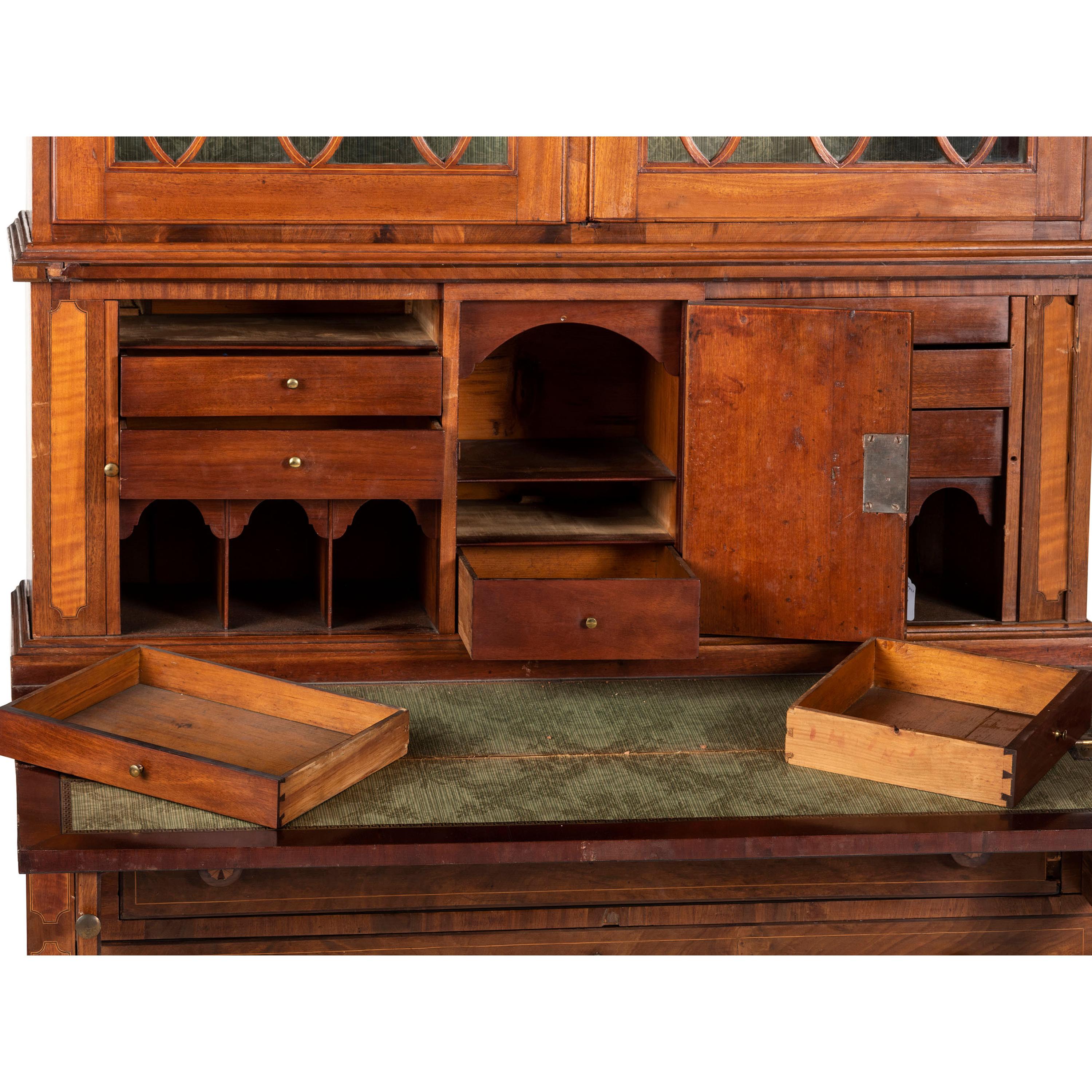 A Federal Inlaid Mahogany and Tambour-Front Desk-and-Bookcase