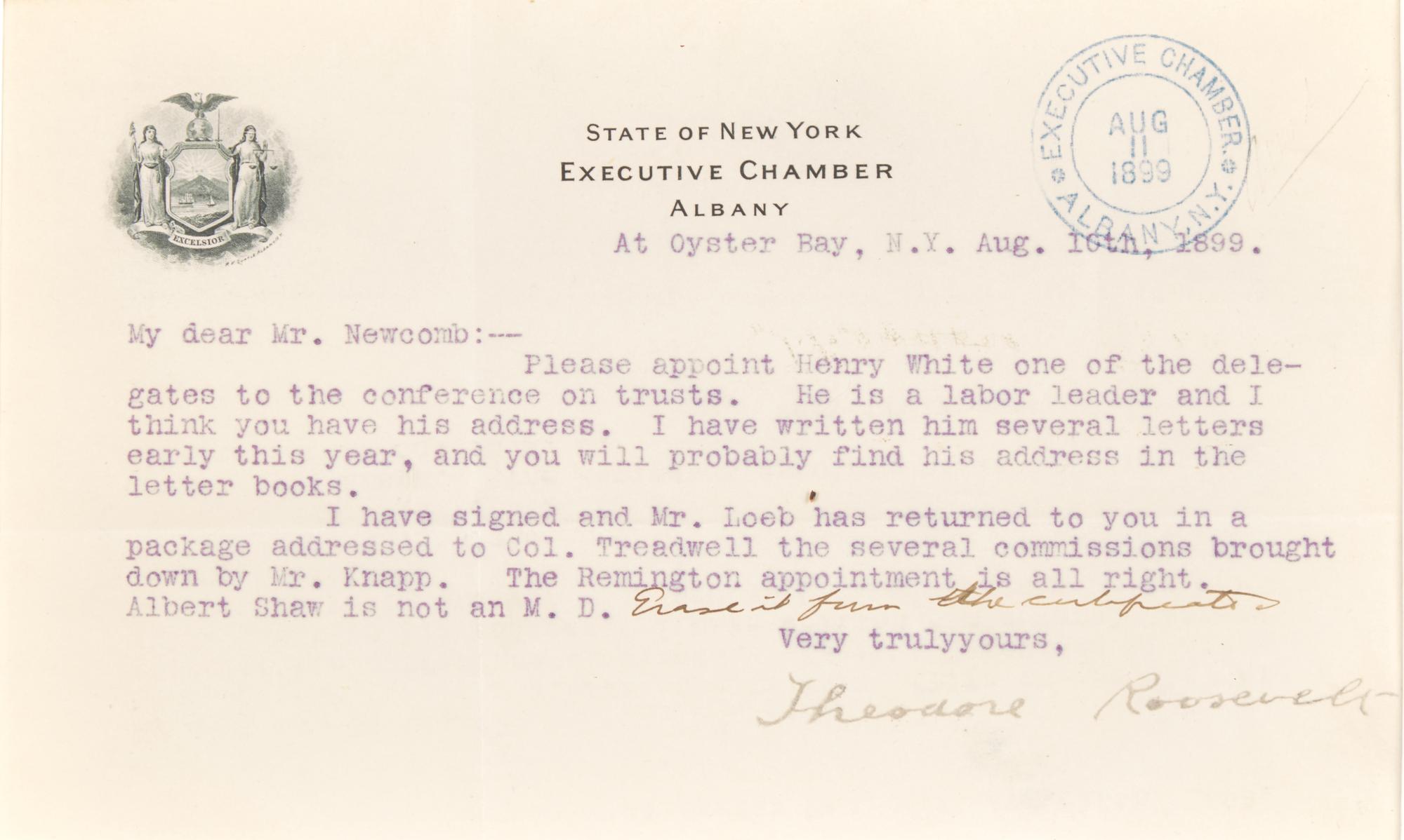 [Presidential] Roosevelt, Theodore. Typed letter, signed