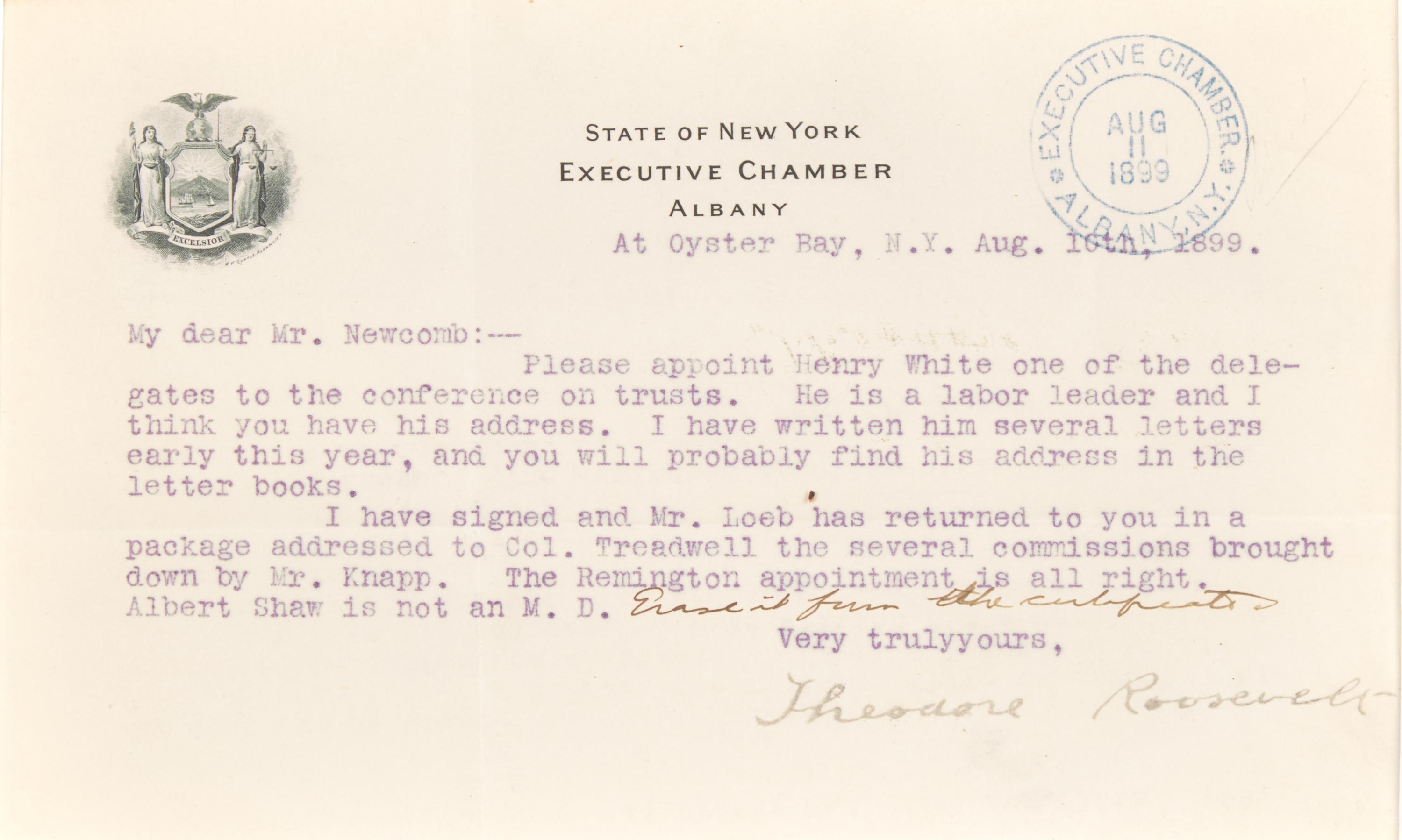 [Presidential] Roosevelt, Theodore. Typed letter, signed