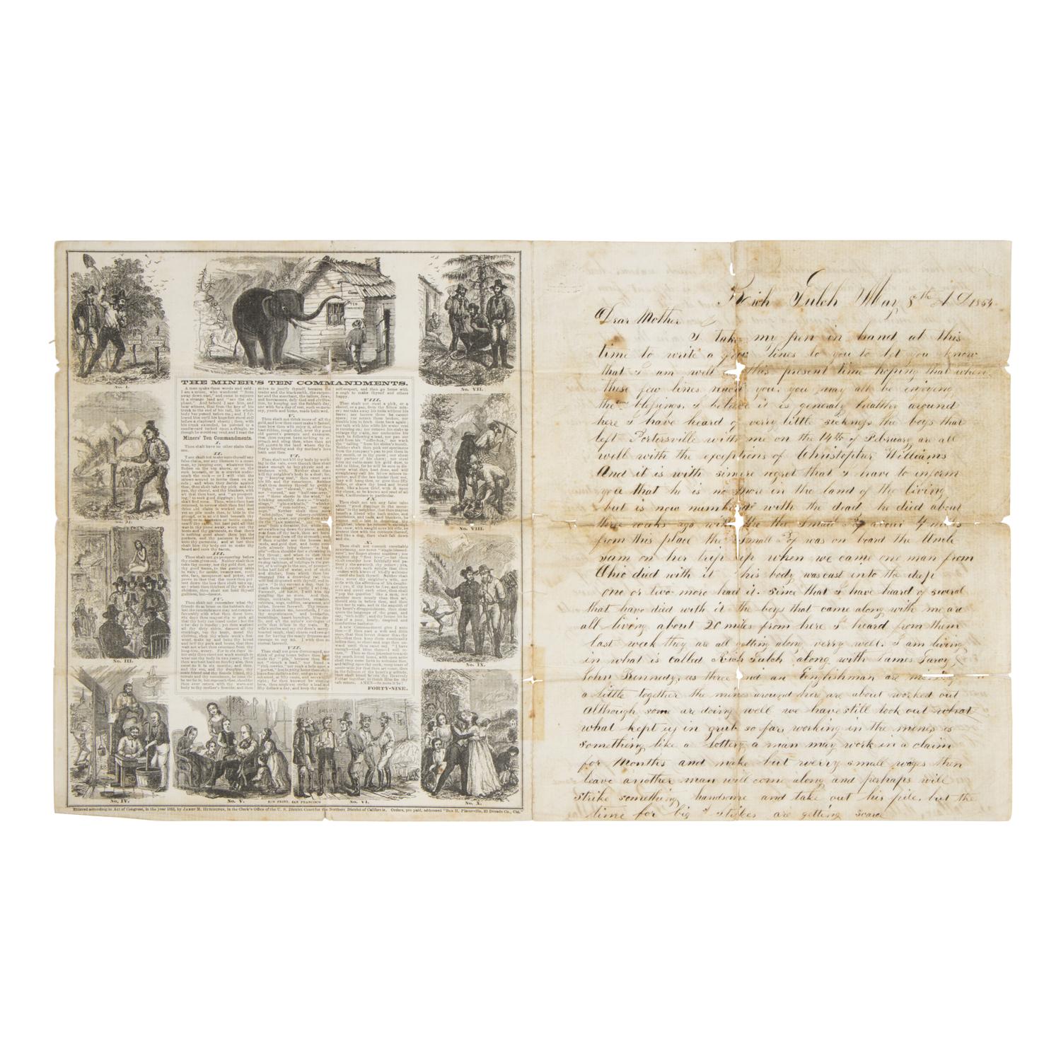 [Gold Mining]. The Miner's Ten Commandments bifolium lettersheet featuring a letter from a California gold miner.