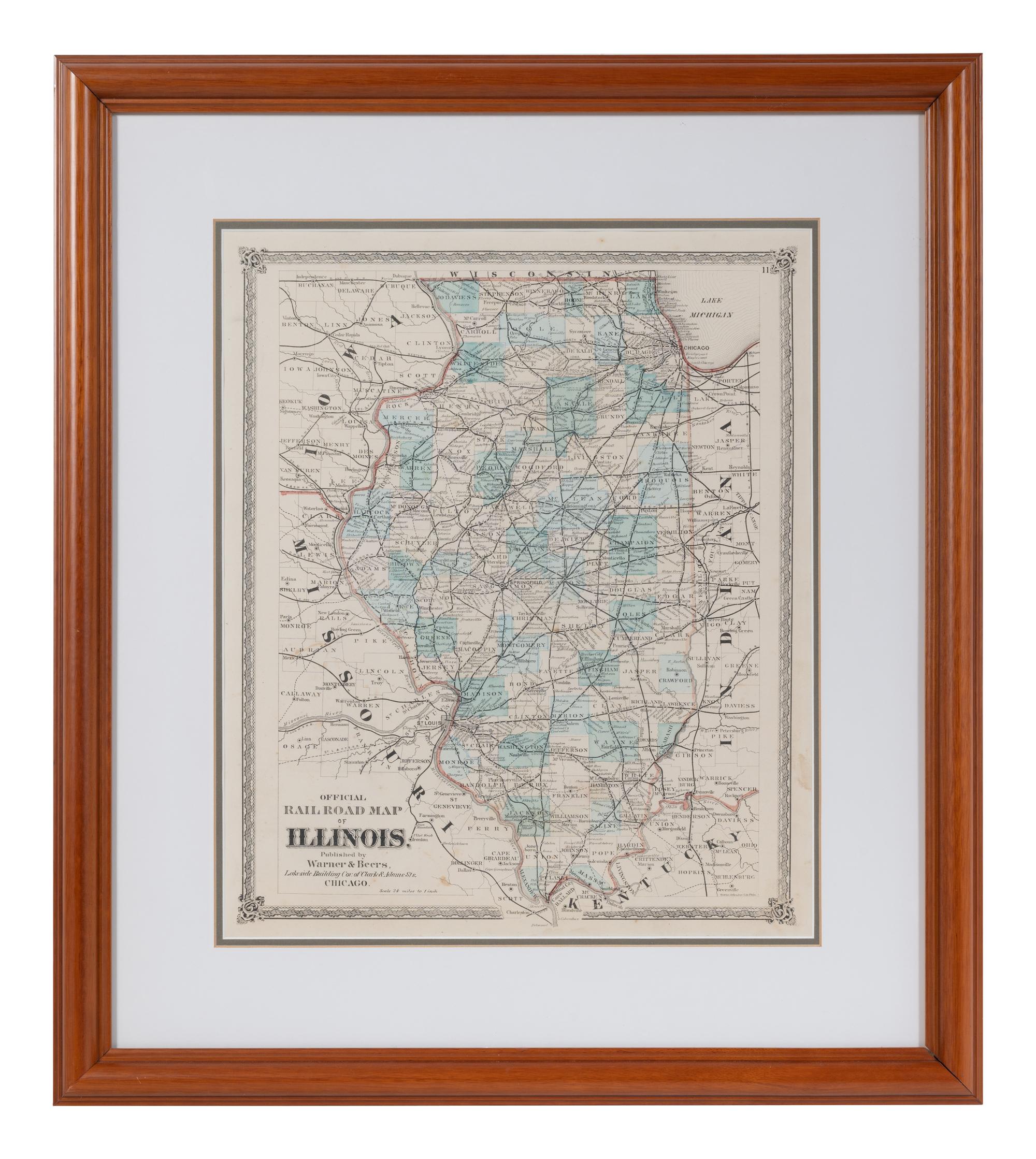 Official Road Map of Illinois. Chicago: Warner & Beers, N.d. Plate 11. 25 ¾ x 23 ¾ in. Matted and framed.