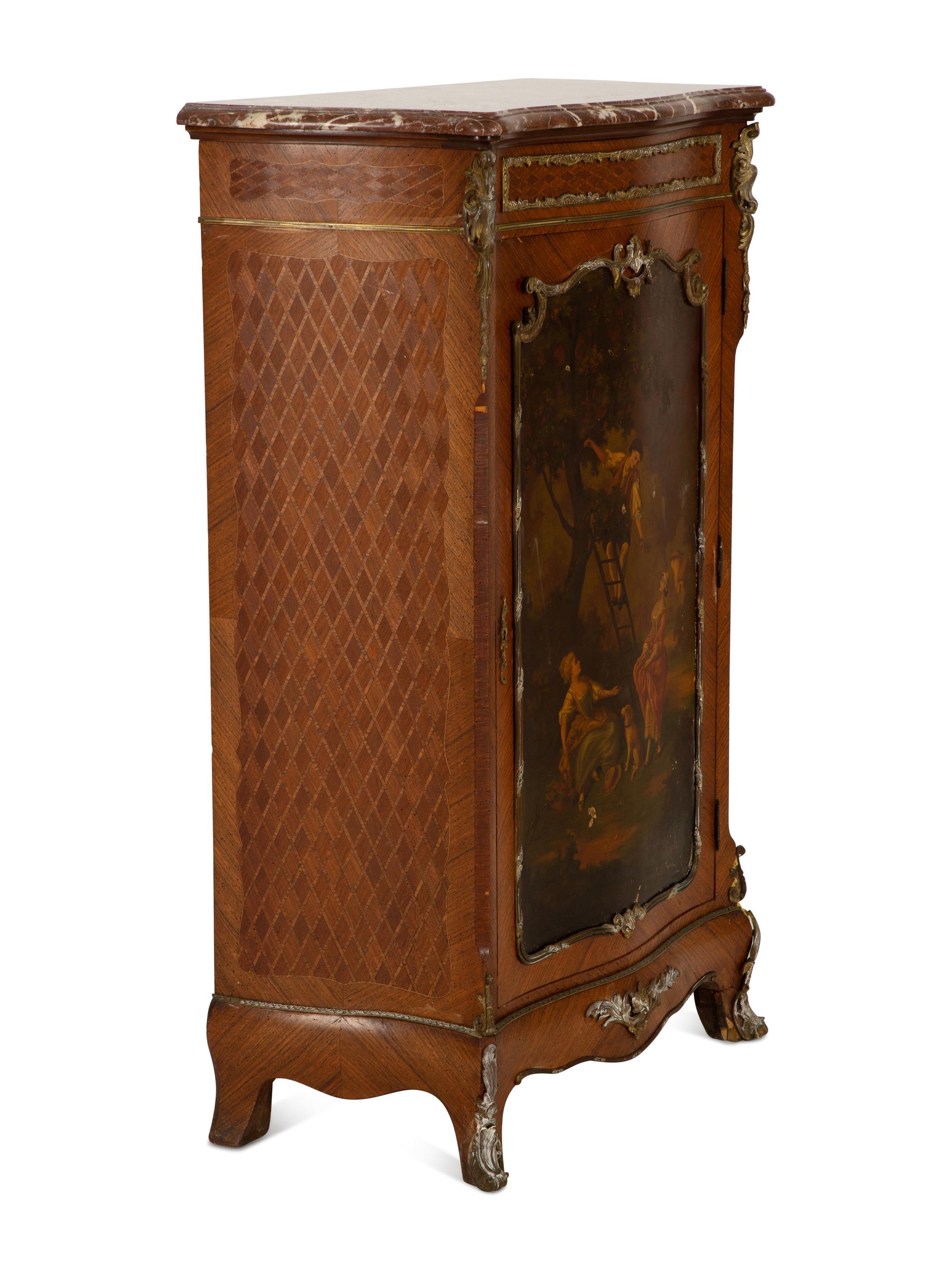 A Louis XV Style Gilt Bronze Mounted Parquetry and Vernis Martin Marble-Top Cabinet