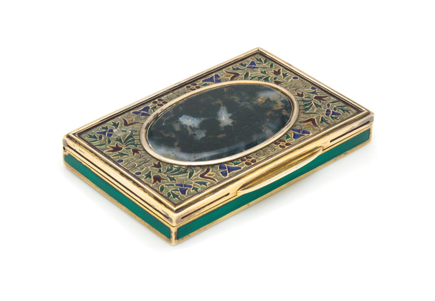 An Austrian Silver Guilloche, Plique-a-Jour Enameled and Hardstone Inset Cigarette Case, Maker's Mark BF, 20th Century, the lid having