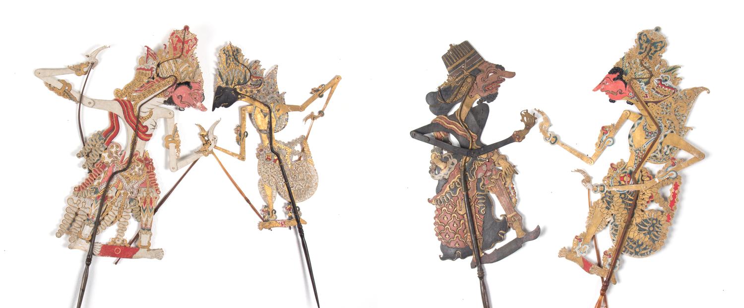 A Collection of Four Indonesian Wayang Kulit Shadow Puppets Height of tallest 33 inches. — 20TH CENTURY