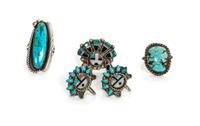 A Group of Southwest Silver Jewelry Items Length of largest ring 1 7/8 inches.