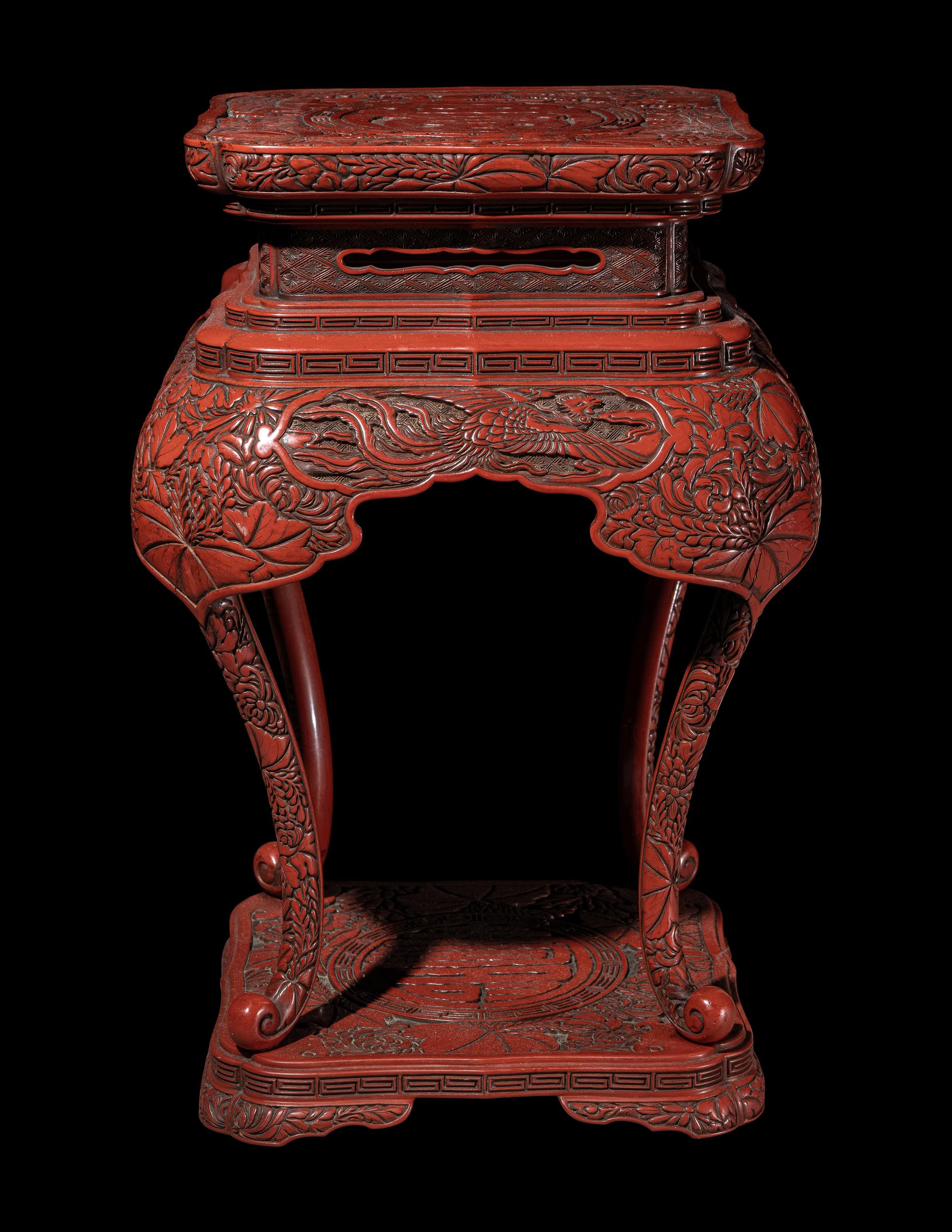 A Small Japanese Carved Red Lacquer Square Stand