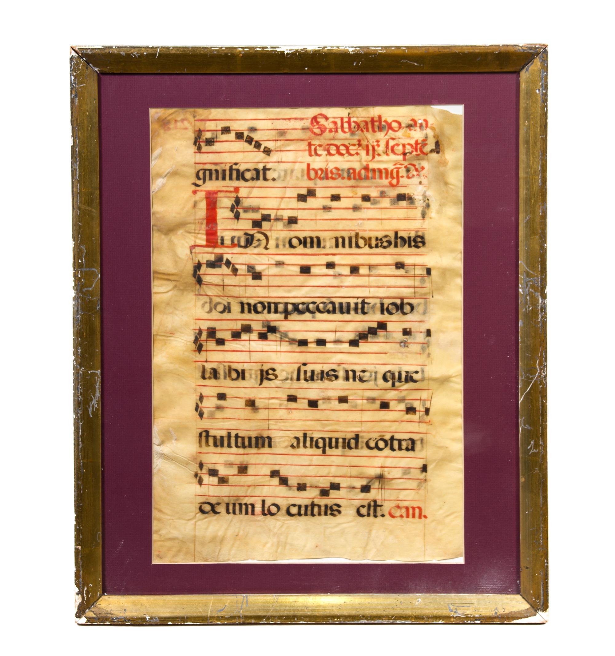 (ILLUMINATED MSS) PSALTER. Illuminated MS leaf on vellum, with a floral border against a gilt background on recto and verso. Framed.