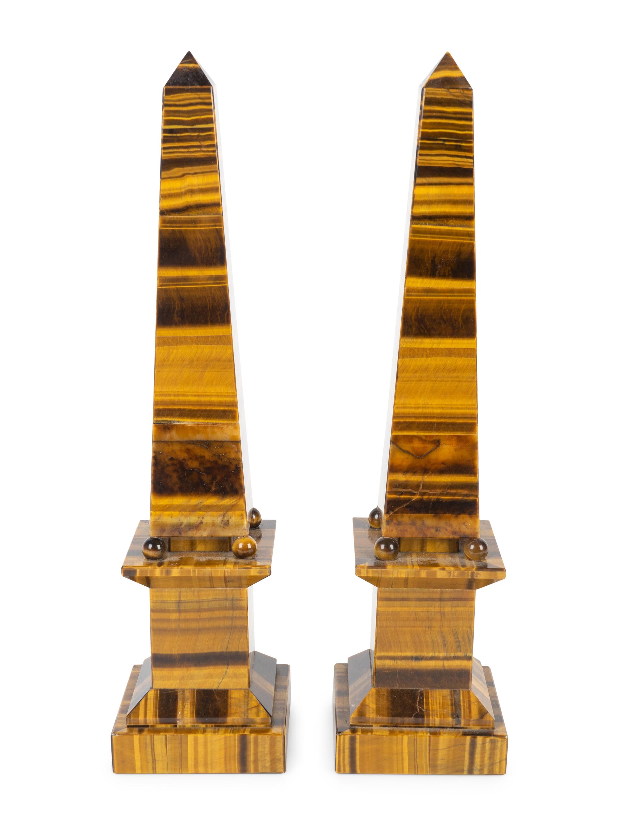 A Pair of Tiger's Eye Agate Veneer Obelisks by Raffaello Romanelli, Florence — 20TH CENTURY