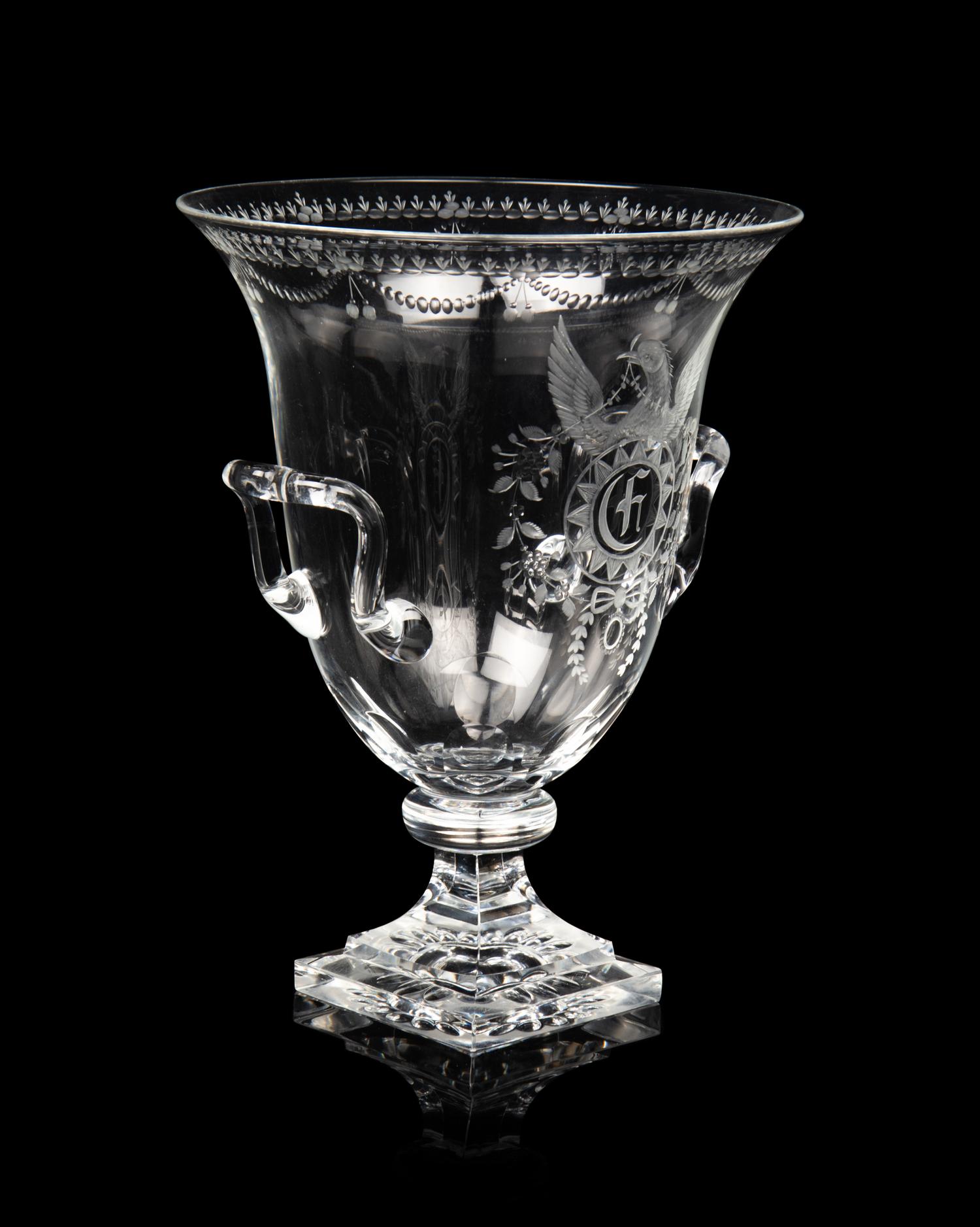 A Steuben Engraved Glass Strawberry Mansion Urn