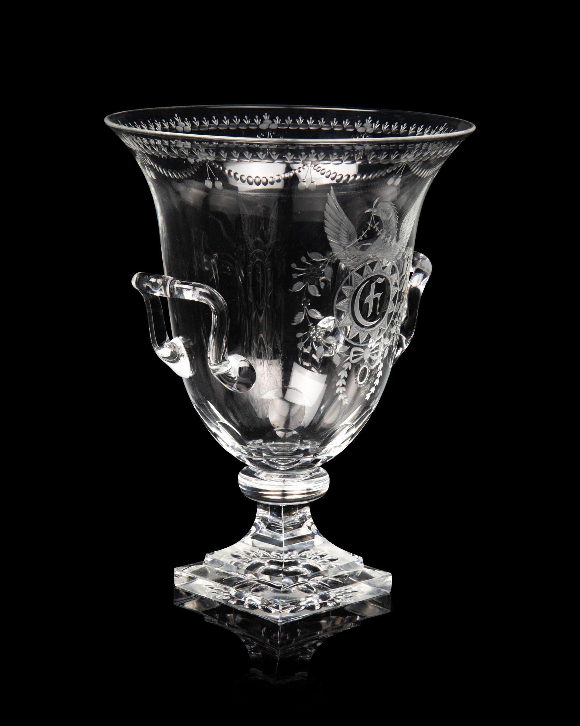 A Steuben Engraved Glass Strawberry Mansion Urn