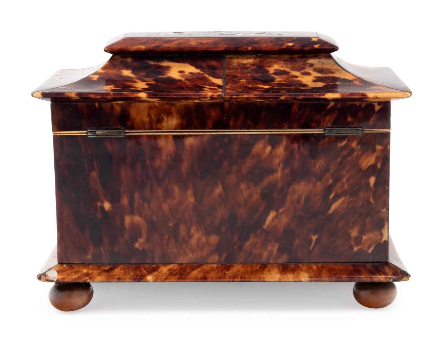 A Regency Tortoiseshell and Mother-of-Pearl Inset Tea Caddy