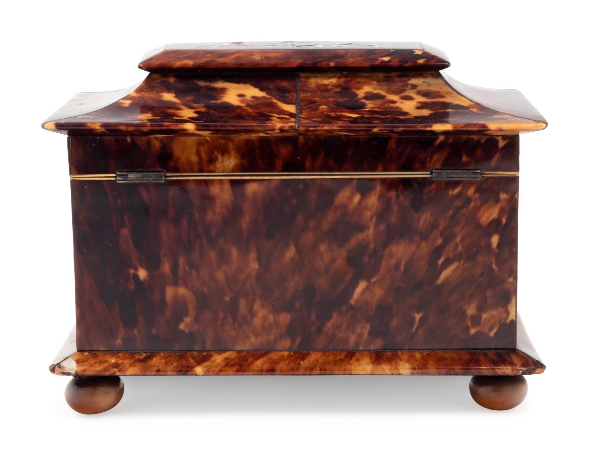 A Regency Tortoiseshell and Mother-of-Pearl Inset Tea Caddy