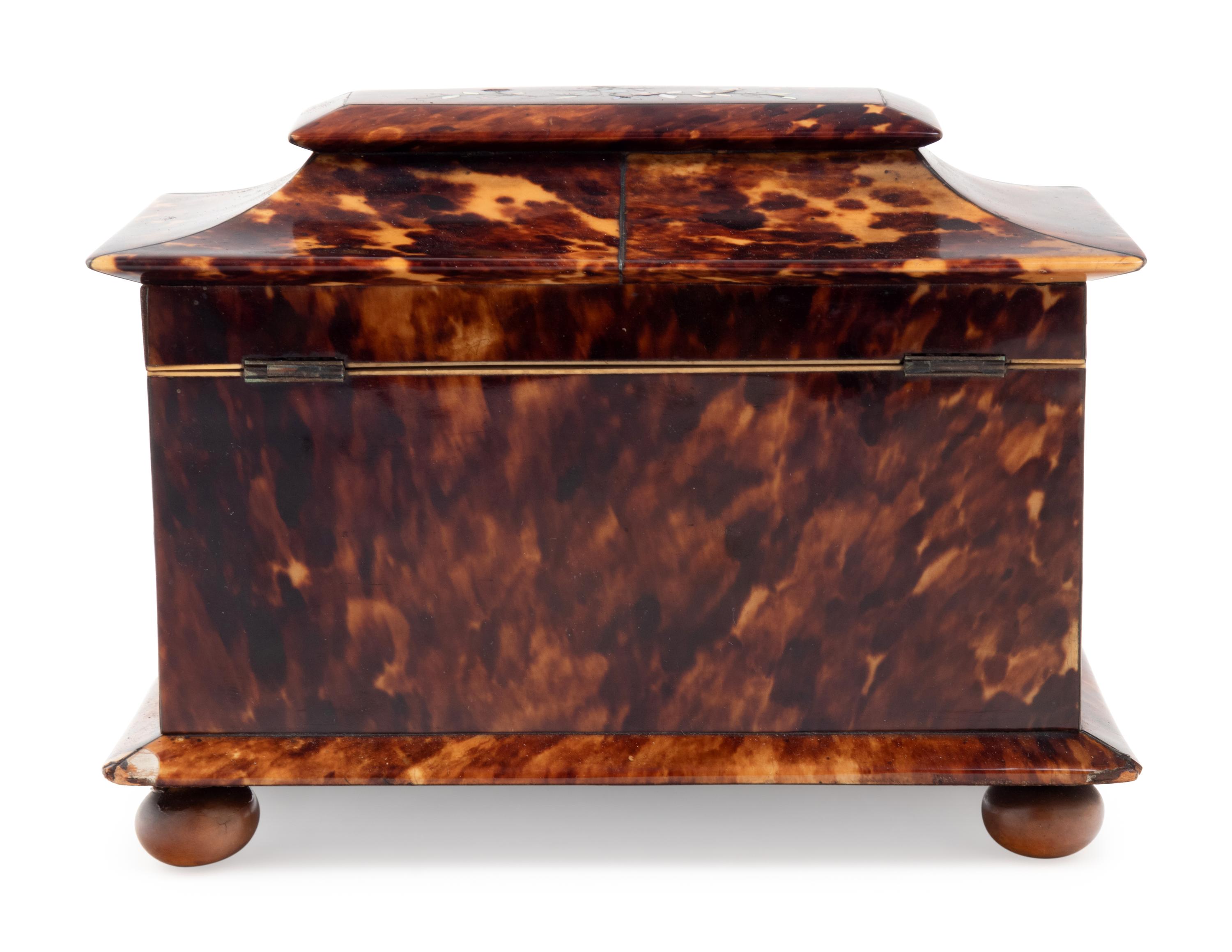 A Regency Tortoiseshell and Mother-of-Pearl Inset Tea Caddy