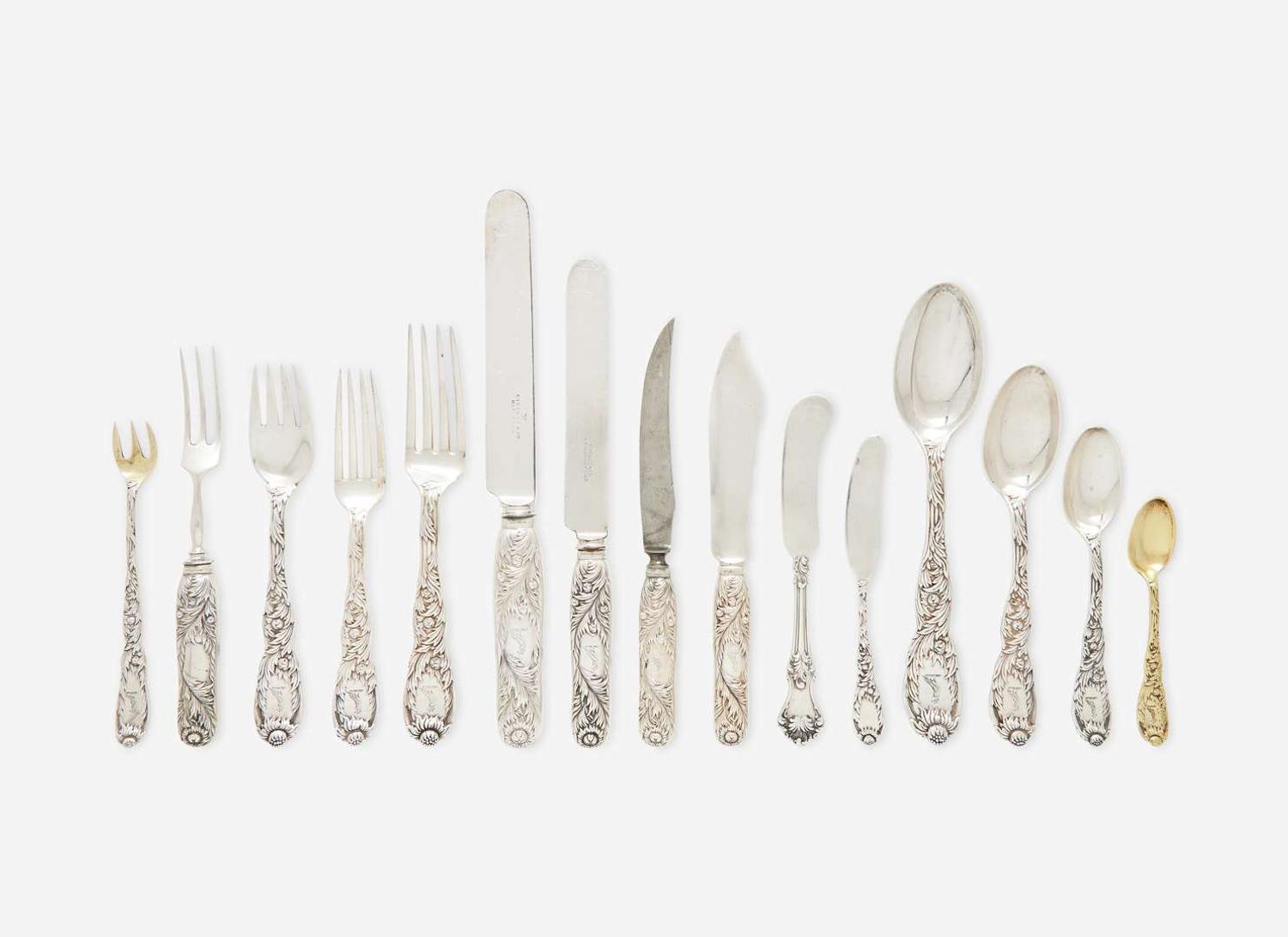 A sterling silver flatware service for eighteen in the "Indian Chrysanthemum" pattern, Tiffany & Co., New York, NY, circa 1880