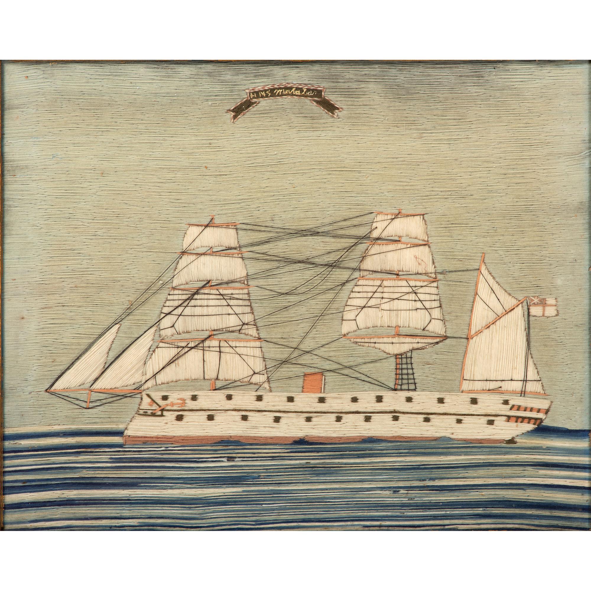 An English Wool Embroidered Ship Picture