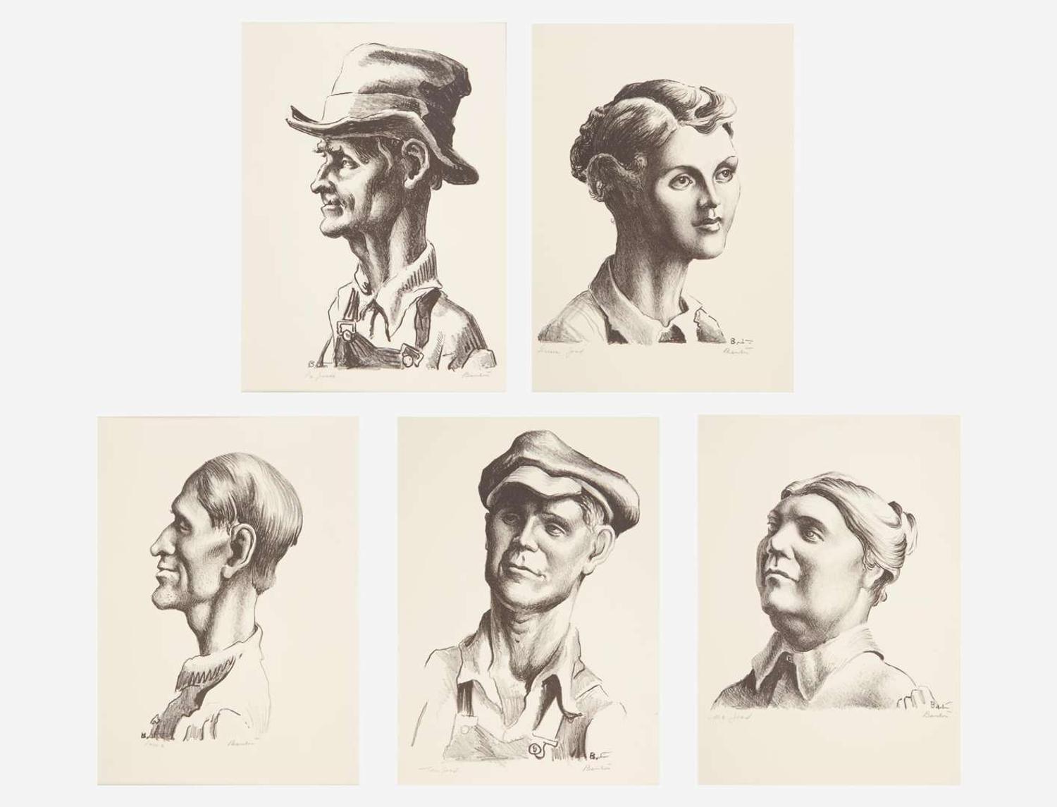 Thomas Hart Benton (American, 1889-1975) - The Joads (Pa Joad, Ma Joad, Sharon Joad, Tom Joad, and Casy, 'The Reverend Jim Casy'), From The Grapes of Wrath