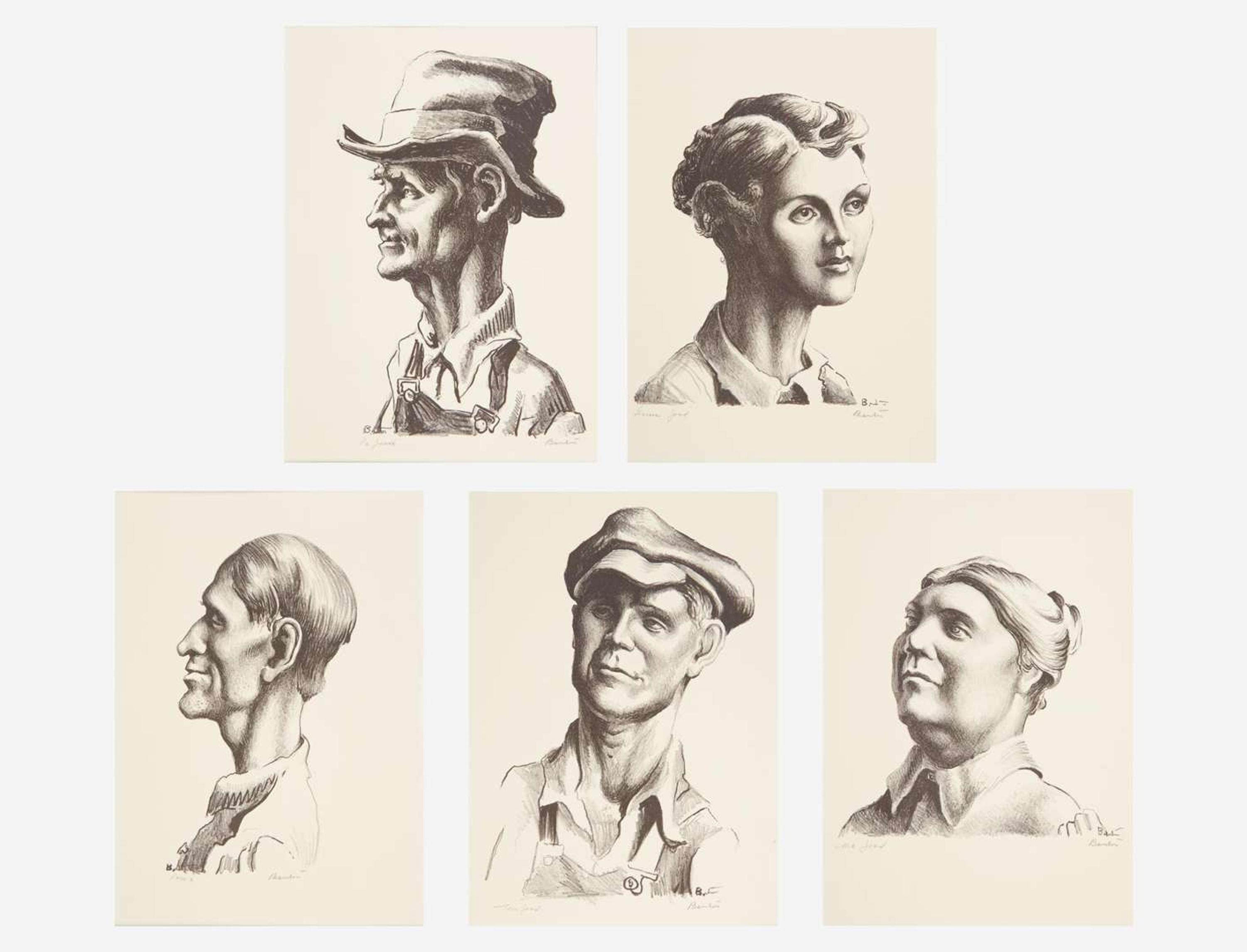 Thomas Hart Benton (American, 1889-1975) - The Joads (Pa Joad, Ma Joad, Sharon Joad, Tom Joad, and Casy, 'The Reverend Jim Casy'), From The Grapes of Wrath