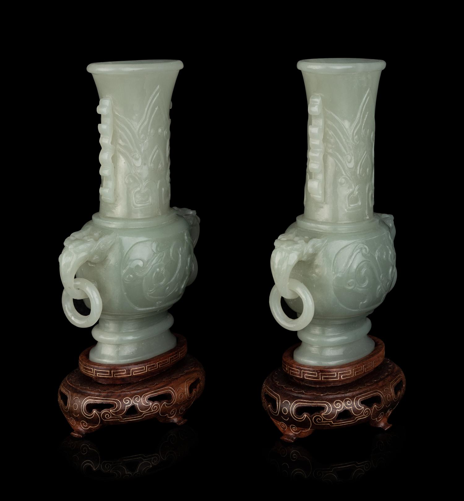 A Pair of Chinese Nephrite Double-Handle Vases