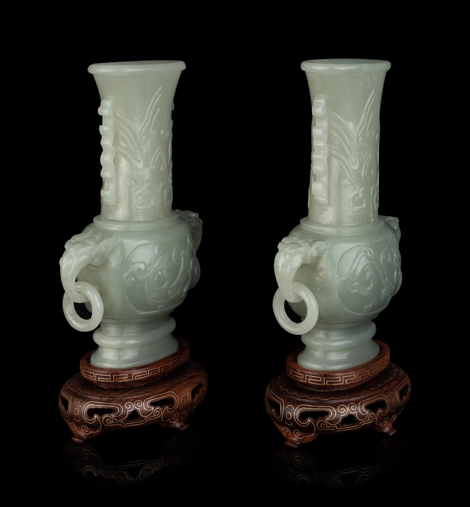 A Pair of Chinese Nephrite Double-Handle Vases